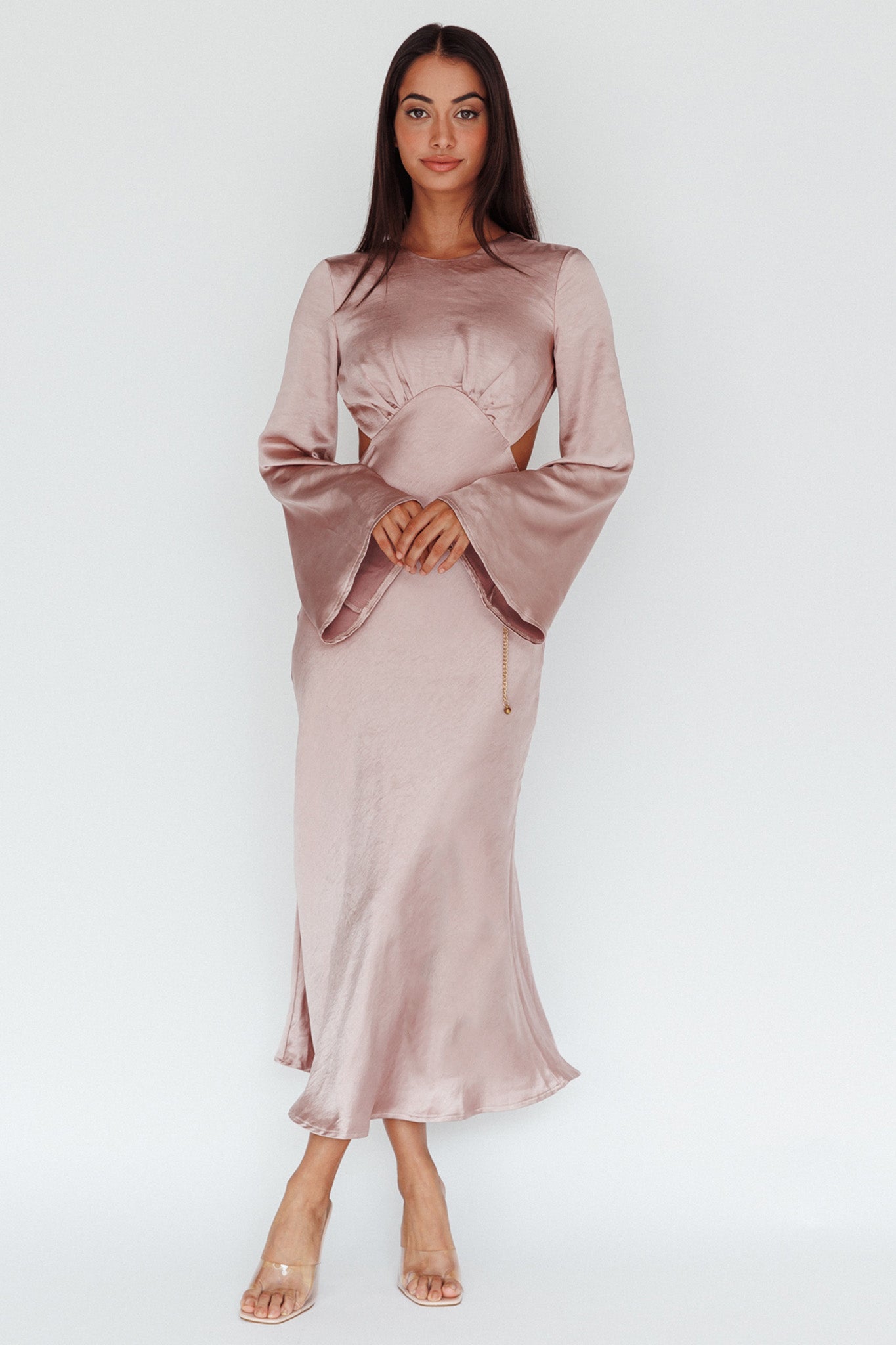 Doting Bell Sleeve Cut-Out Midi Dress Wood Rose-Maymioy