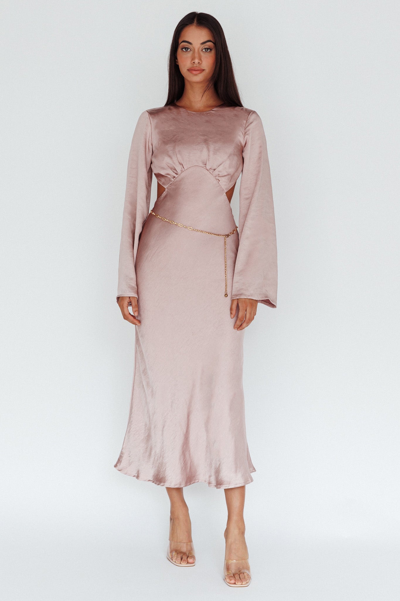 Doting Bell Sleeve Cut-Out Midi Dress Wood Rose-Maymioy
