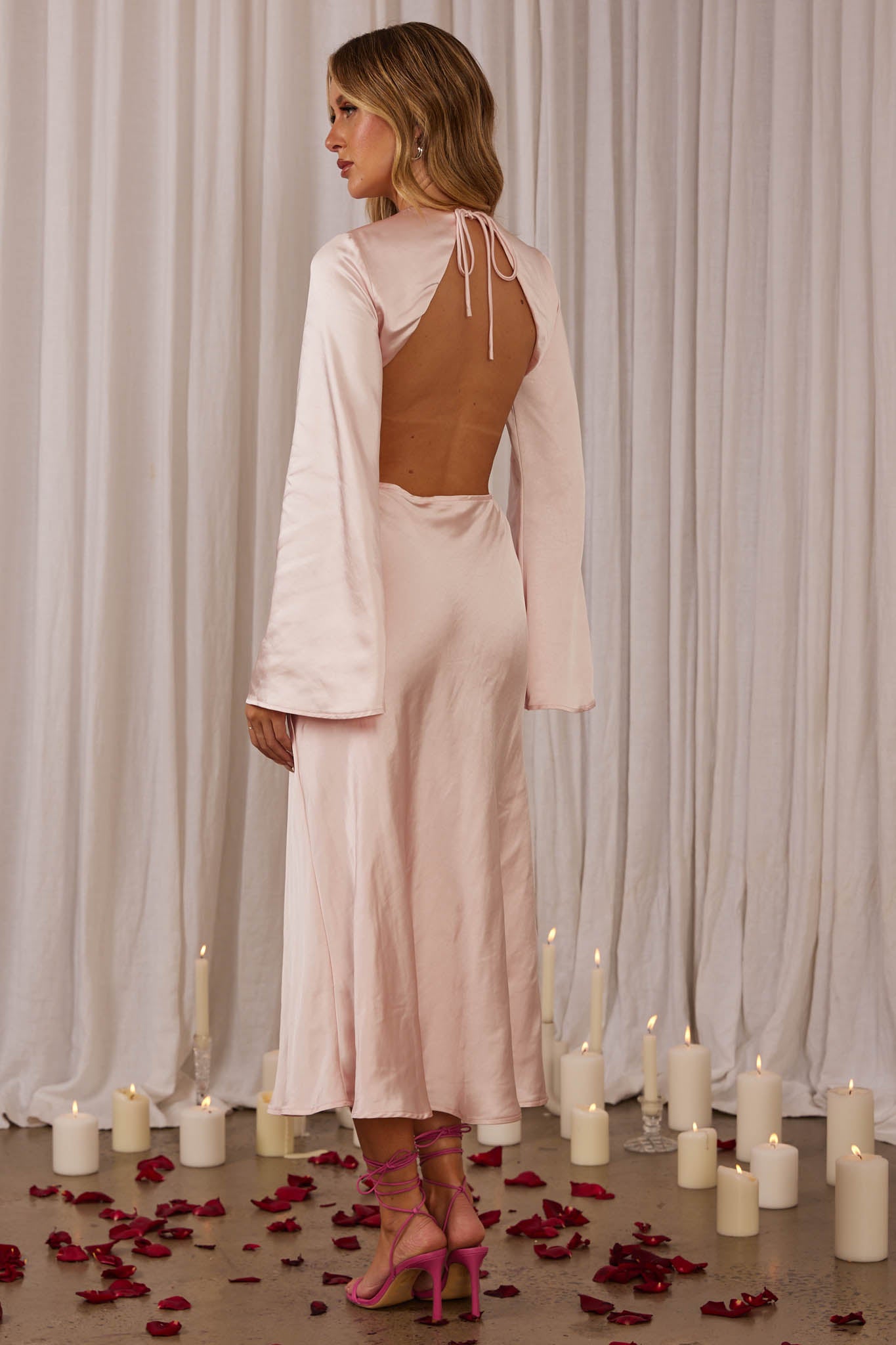 Doting Bell Sleeve Cut-Out Midi Dress Blush-Maymioy