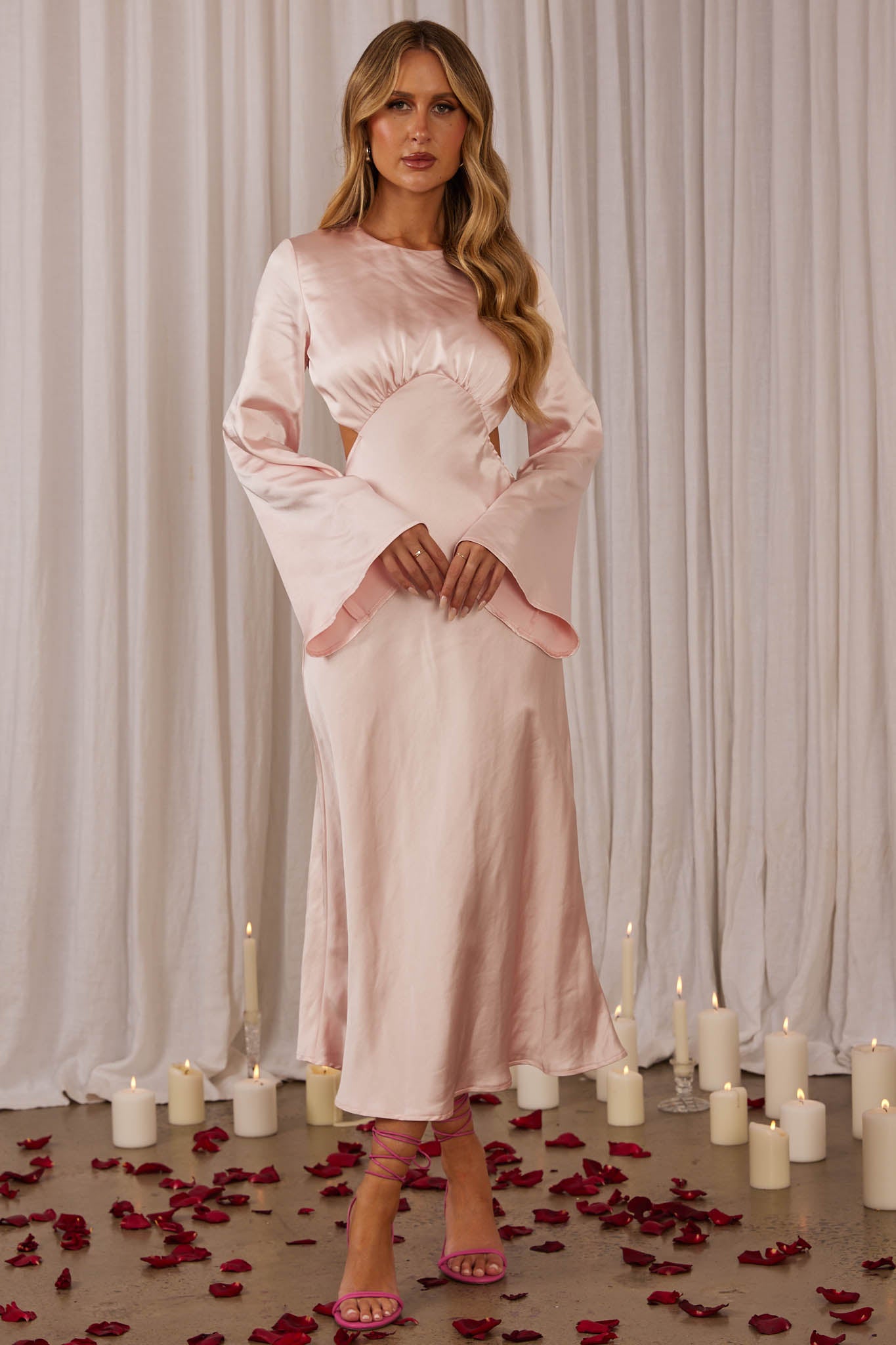 Doting Bell Sleeve Cut-Out Midi Dress Blush-Maymioy