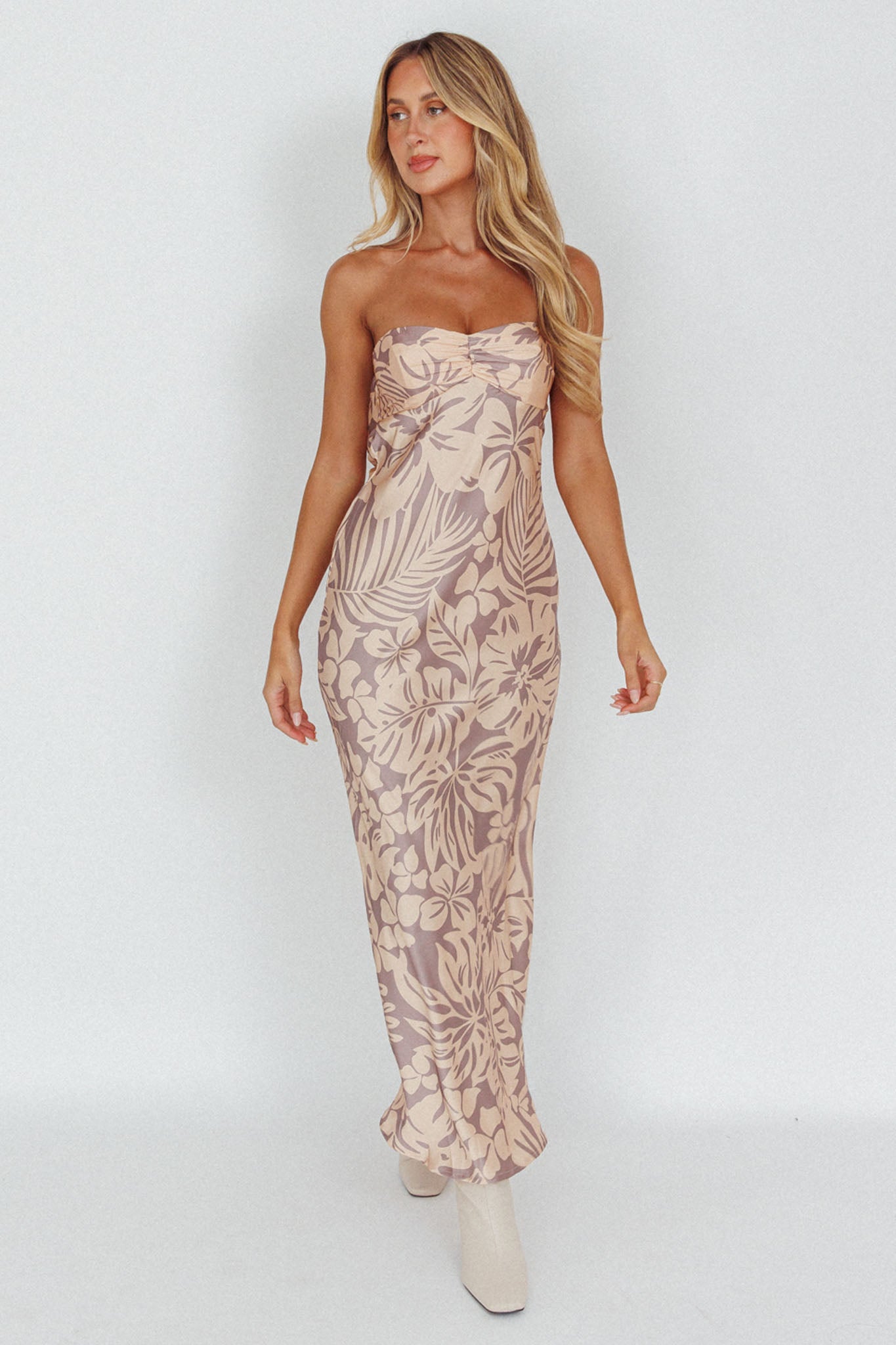 Kona Cowl Back Midi Dress Floral Beige-Maymioy