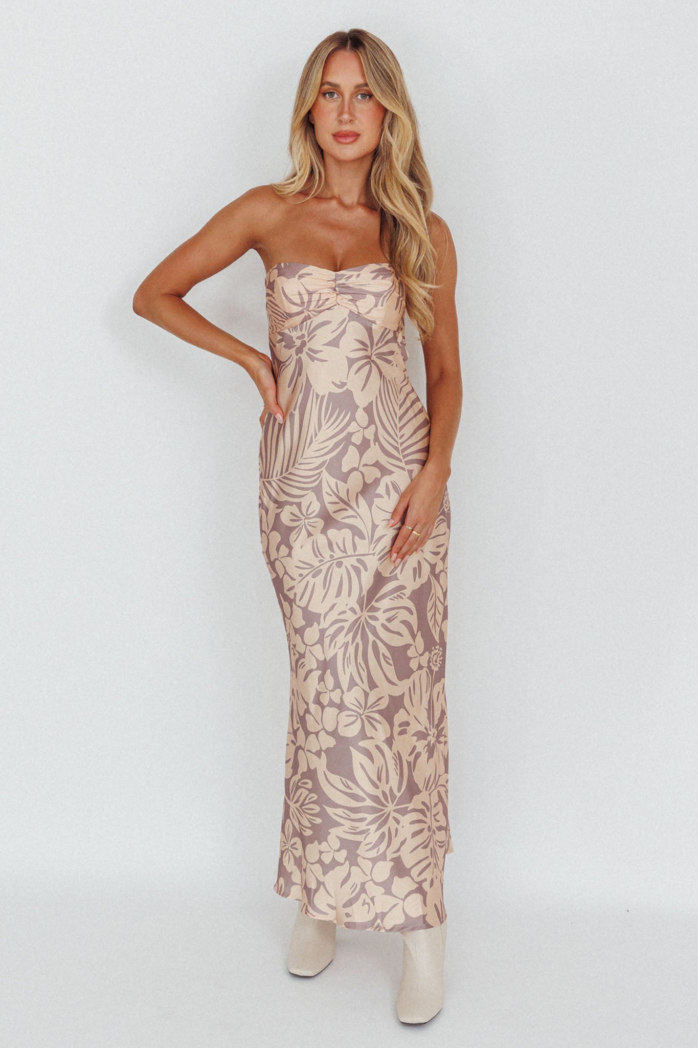 Kona Cowl Back Midi Dress Floral Beige-Maymioy