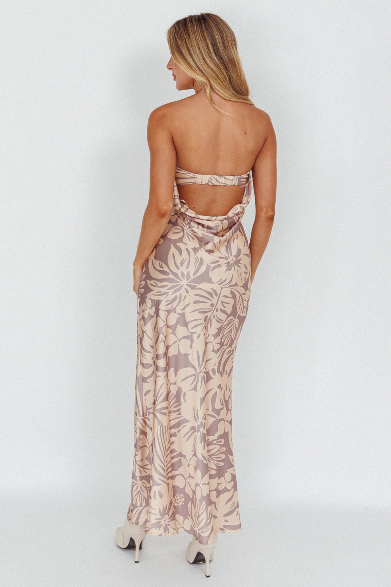 Kona Cowl Back Midi Dress Floral Beige-Maymioy