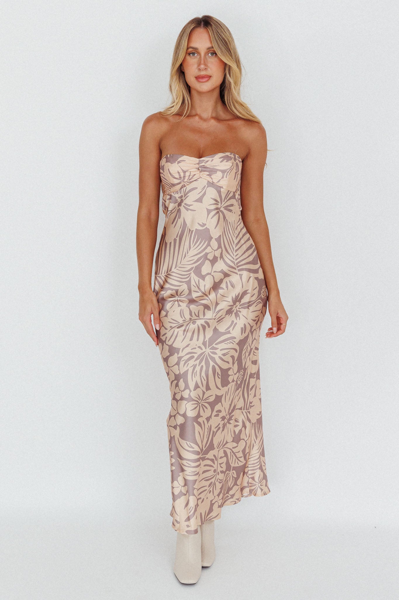 Kona Cowl Back Midi Dress Floral Beige-Maymioy