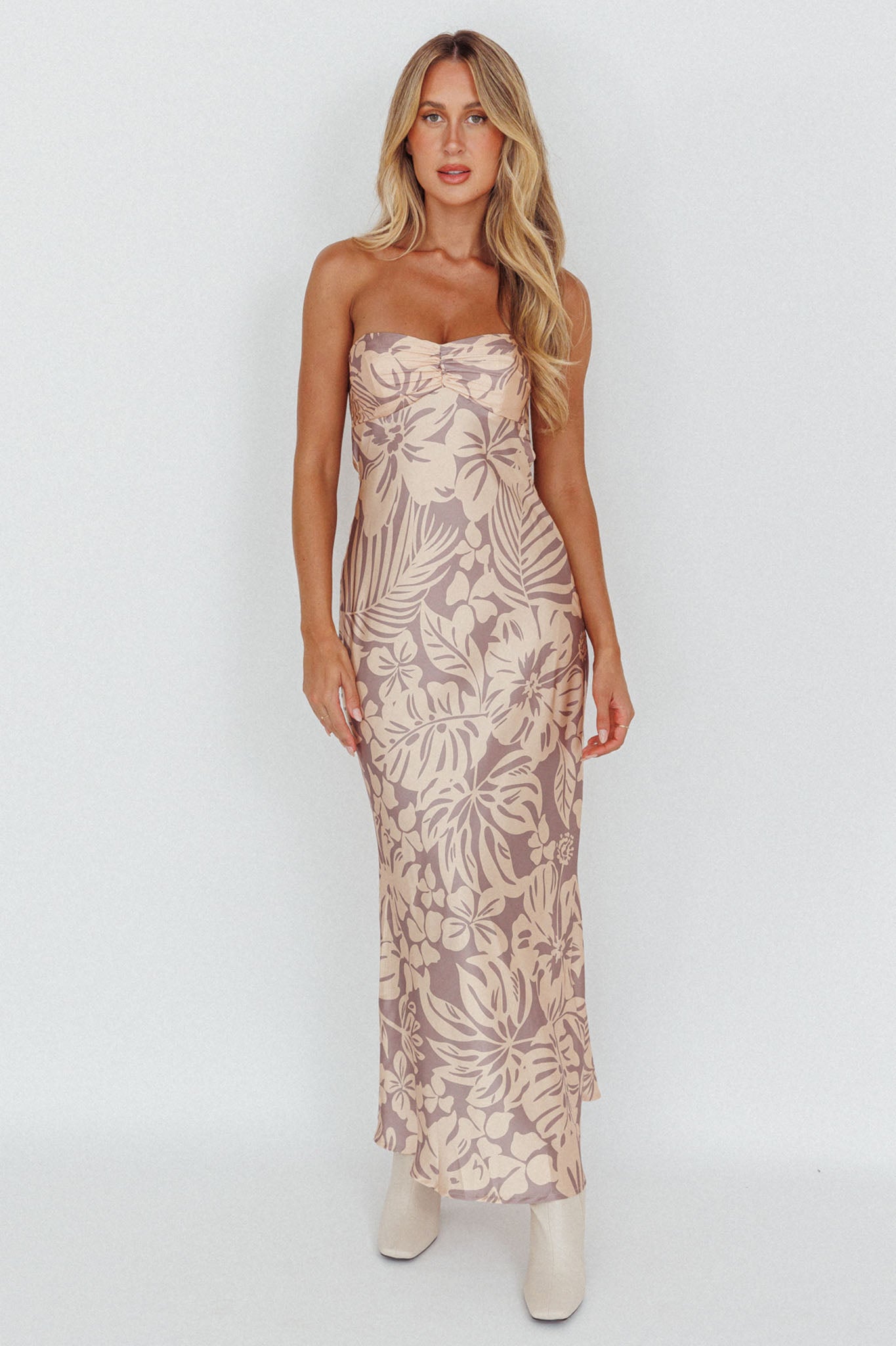 Kona Cowl Back Midi Dress Floral Beige-Maymioy