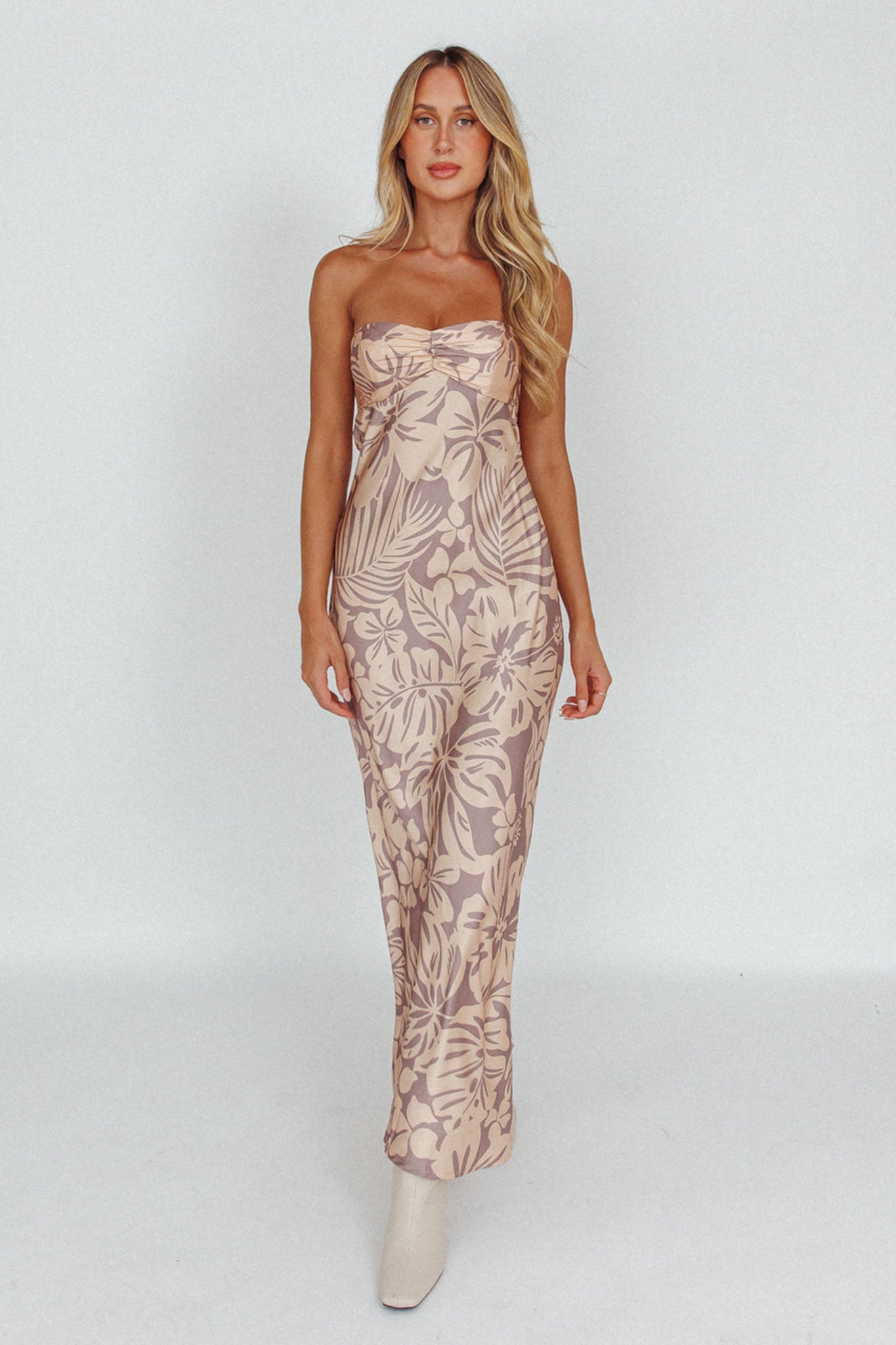 Kona Cowl Back Midi Dress Floral Beige-Maymioy