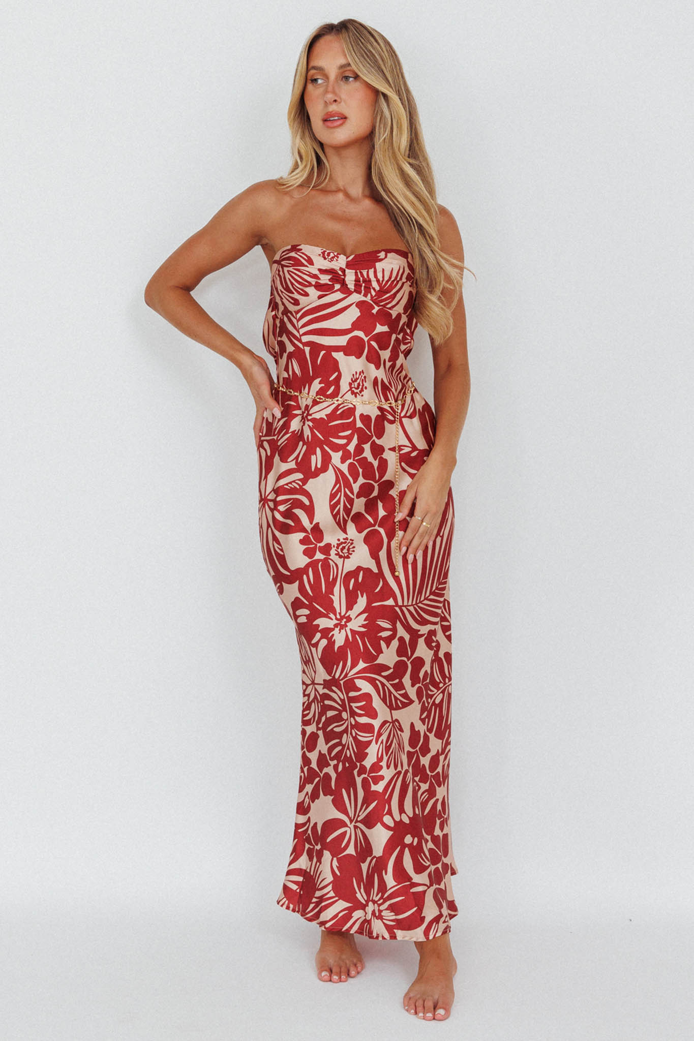 Kona Cowl Back Midi Dress Floral Flame-Maymioy