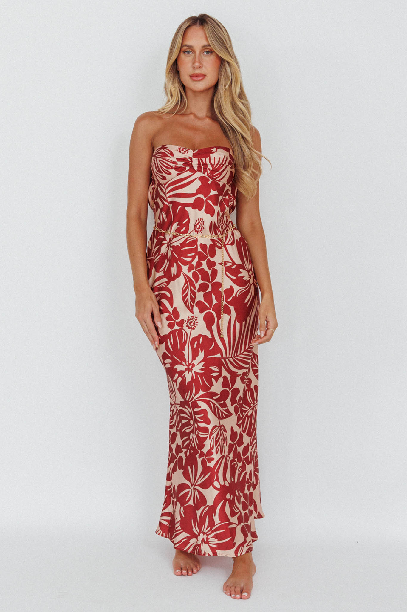 Kona Cowl Back Midi Dress Floral Flame-Maymioy
