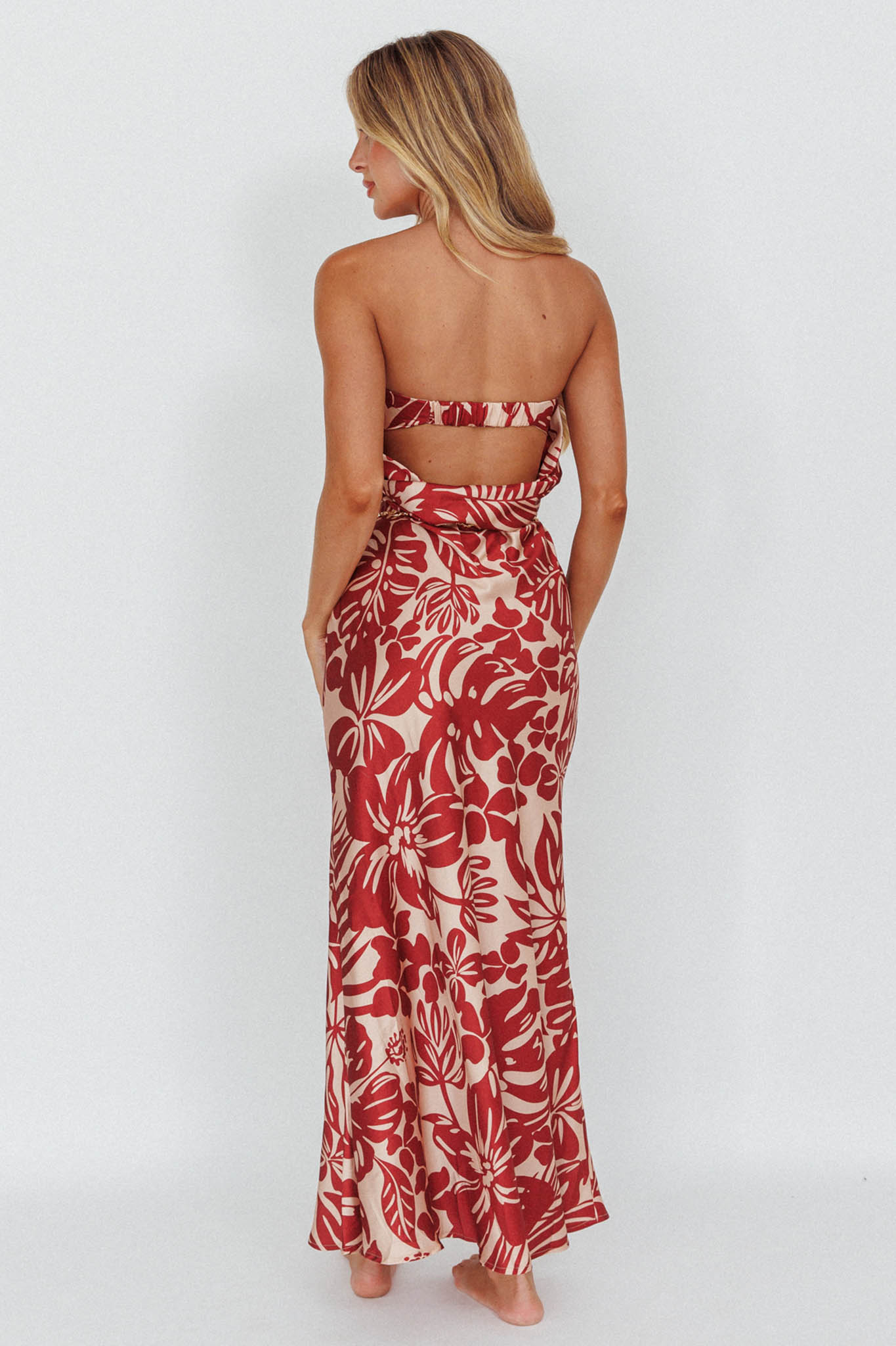 Kona Cowl Back Midi Dress Floral Flame-Maymioy