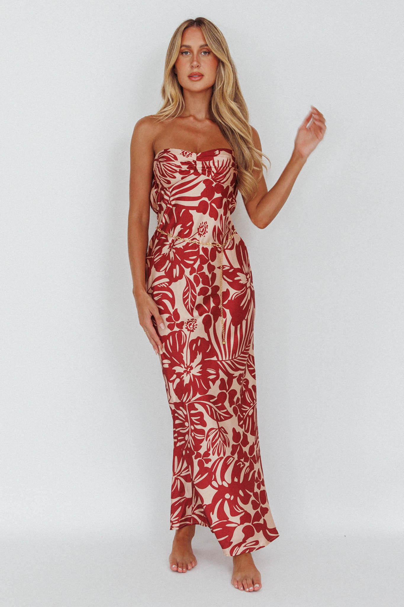 Kona Cowl Back Midi Dress Floral Flame-Maymioy
