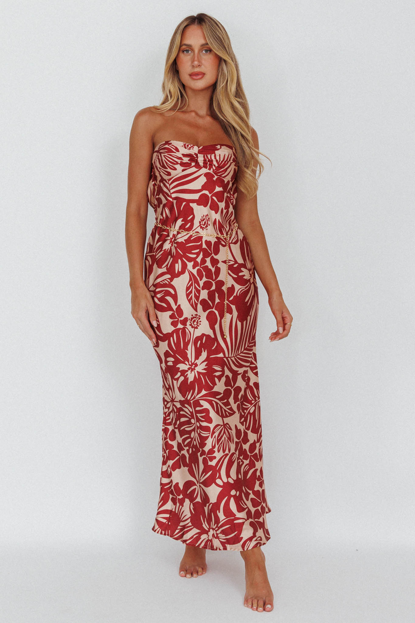 Kona Cowl Back Midi Dress Floral Flame-Maymioy