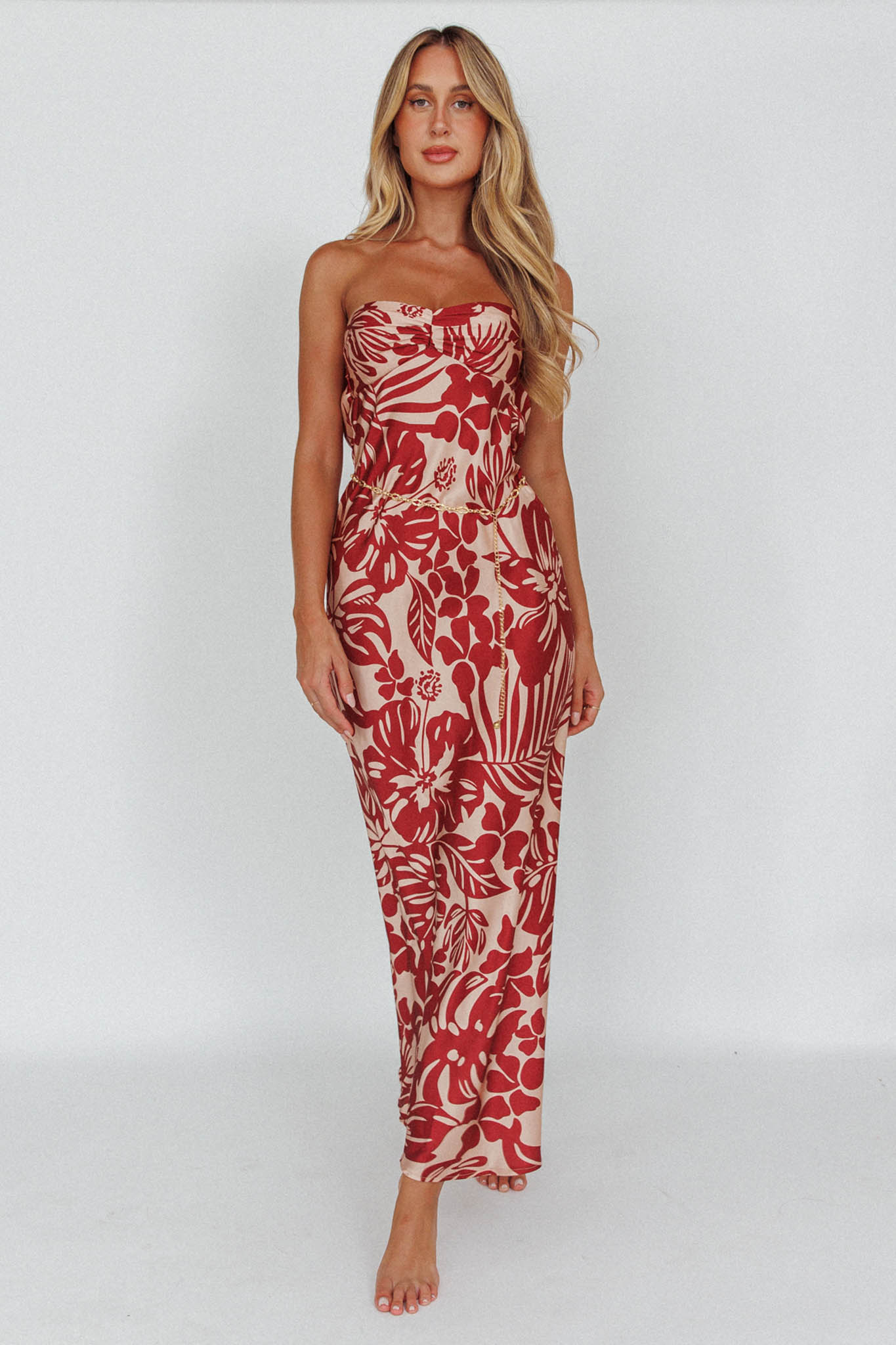 Kona Cowl Back Midi Dress Floral Flame-Maymioy