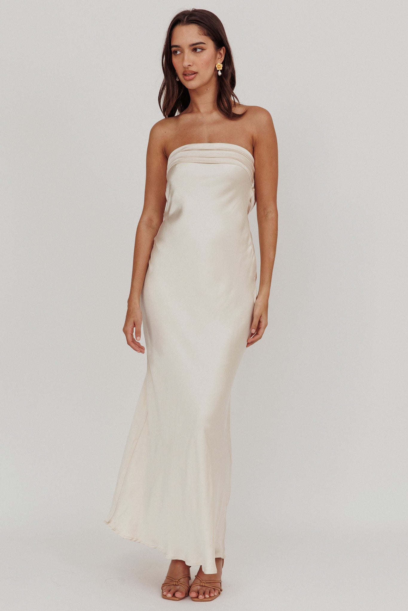 Kona Strapless Pleated Bust Satin Maxi Dress Champagne-Maymioy