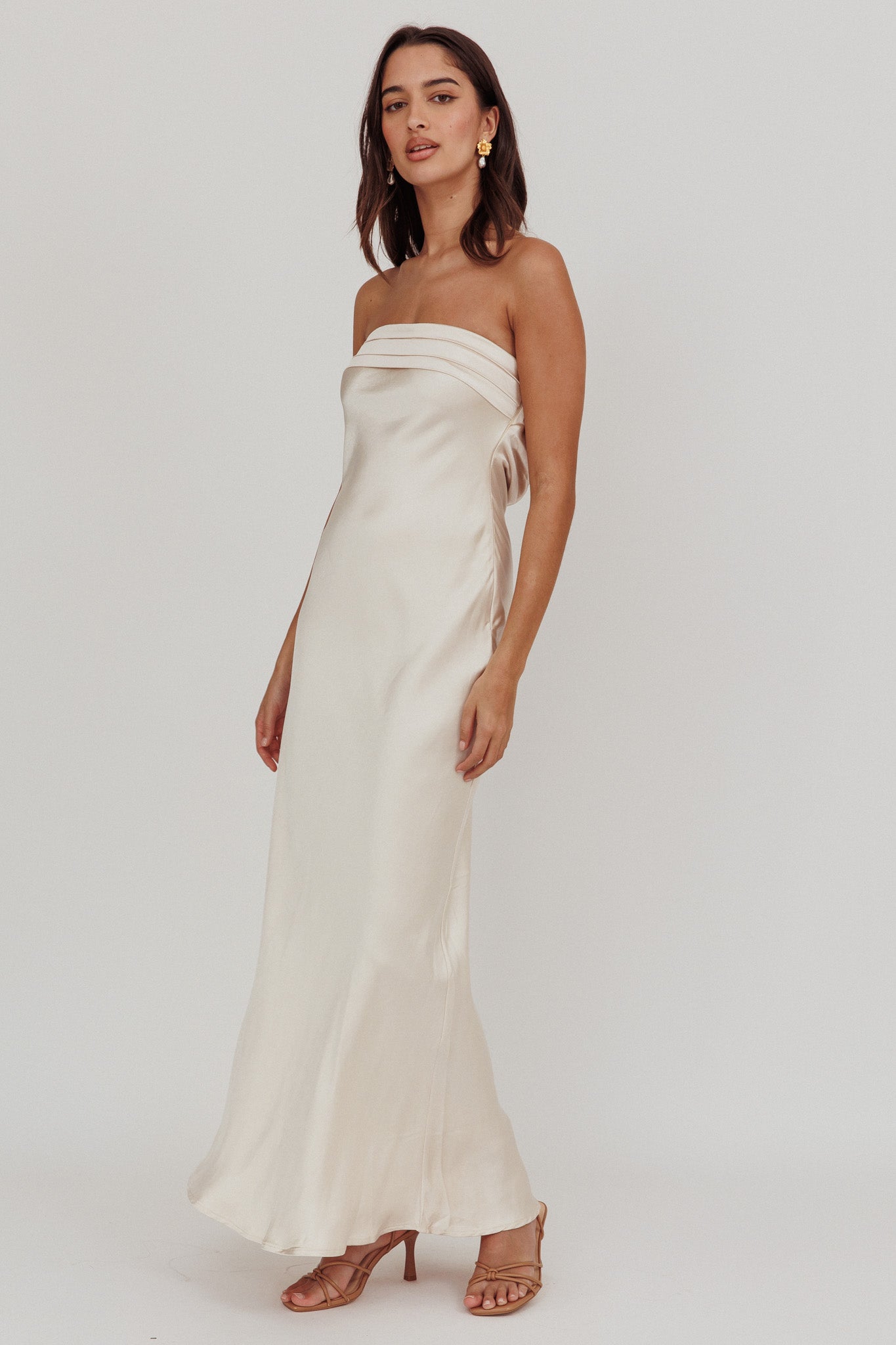 Kona Strapless Pleated Bust Satin Maxi Dress Champagne-Maymioy