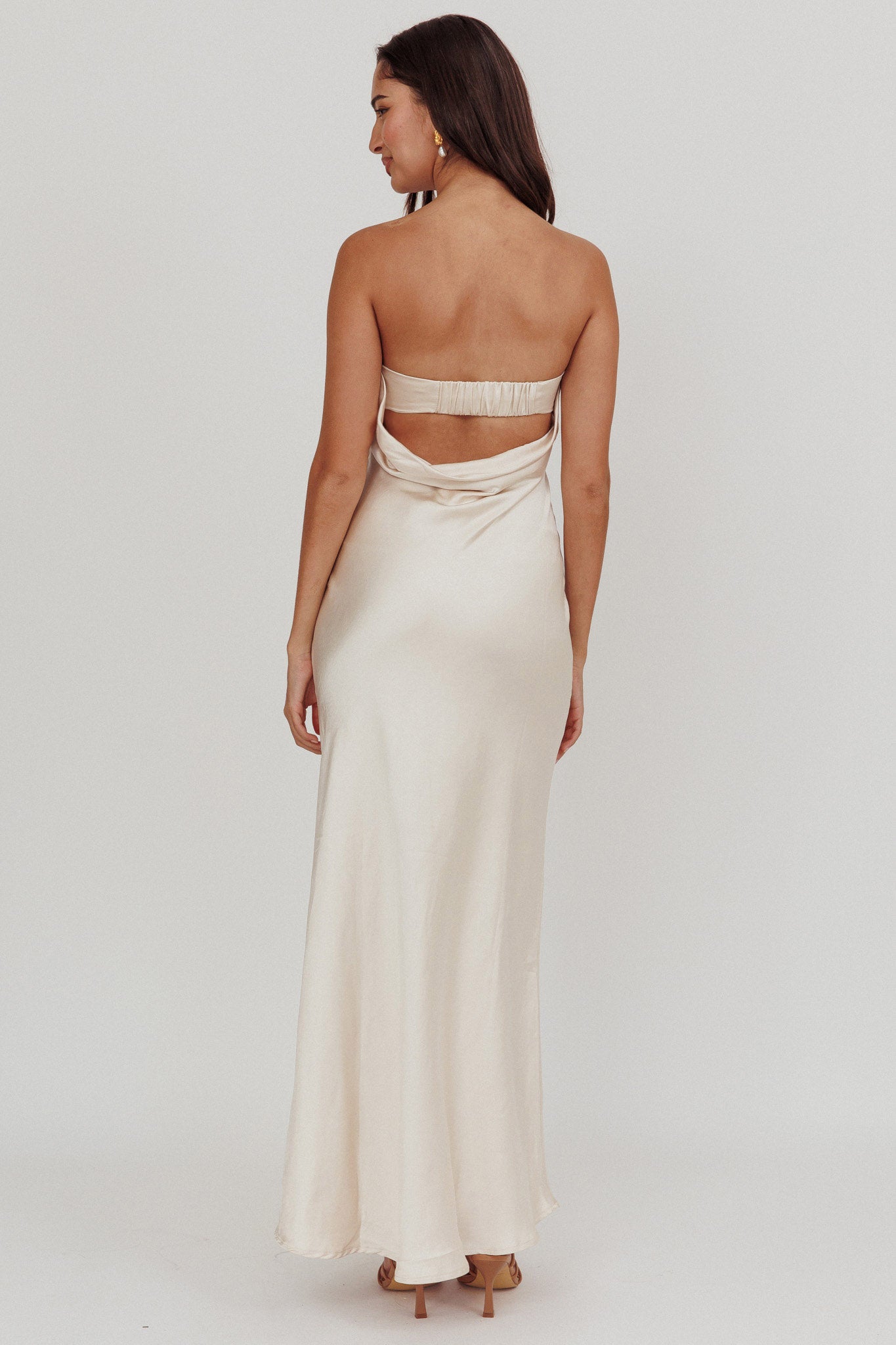 Kona Strapless Pleated Bust Satin Maxi Dress Champagne-Maymioy