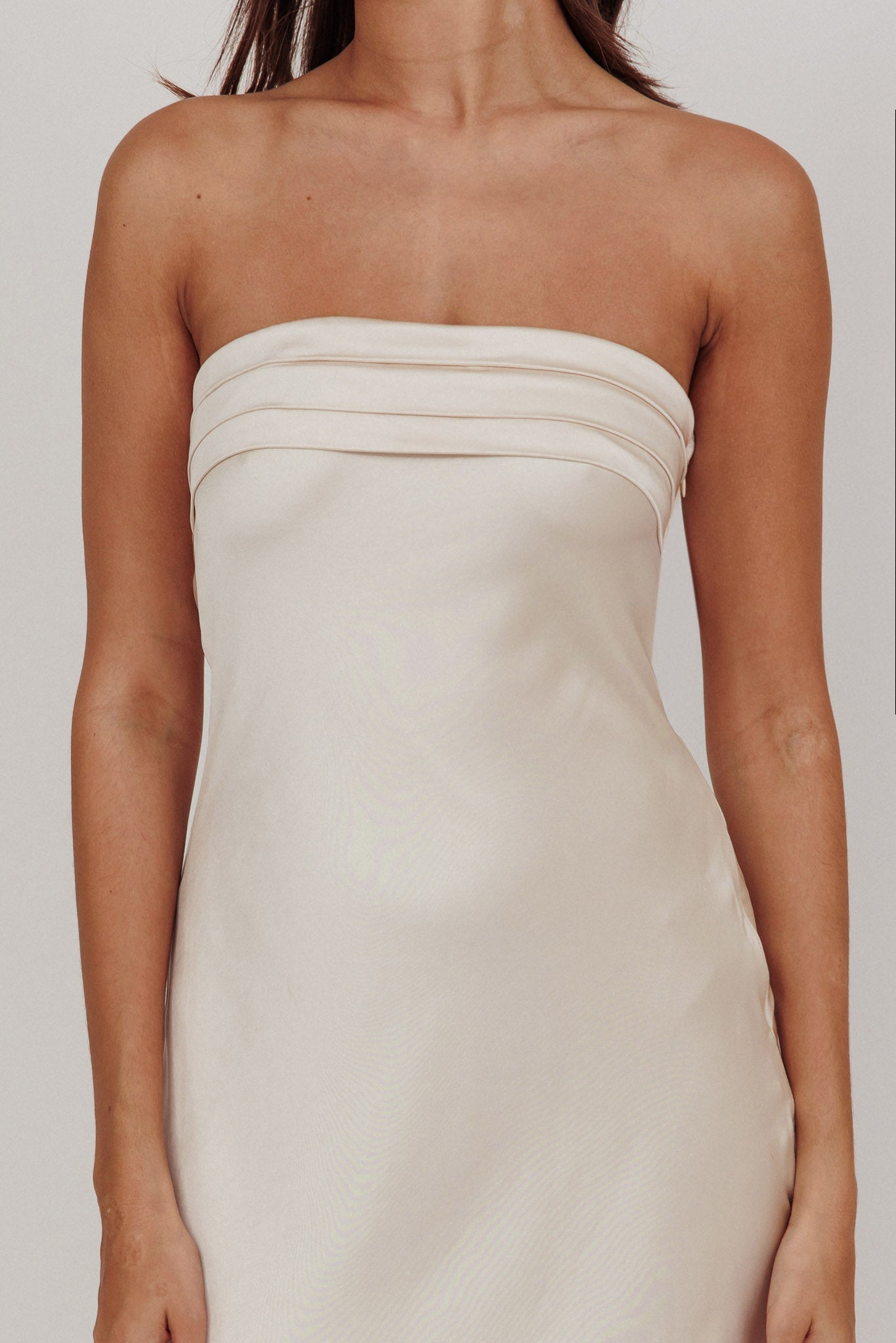 Kona Strapless Pleated Bust Satin Maxi Dress Champagne-Maymioy