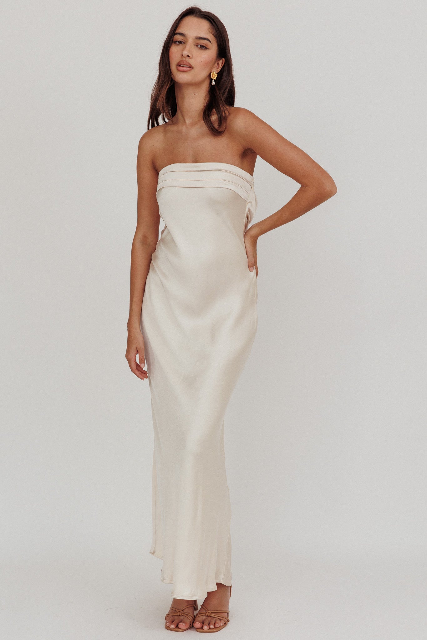 Kona Strapless Pleated Bust Satin Maxi Dress Champagne-Maymioy