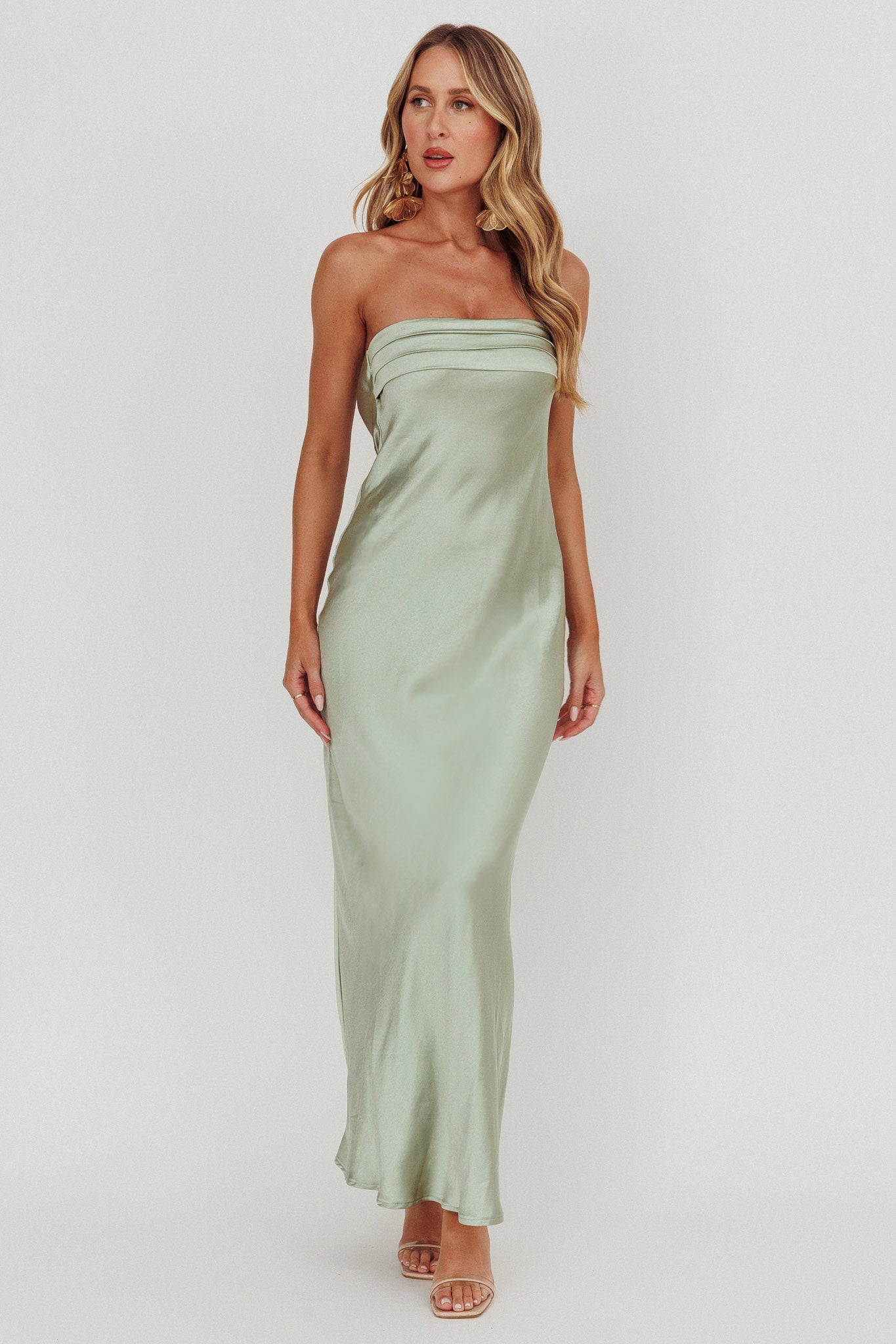 Kona Strapless Pleated Bust Satin Maxi Dress Sage-Maymioy