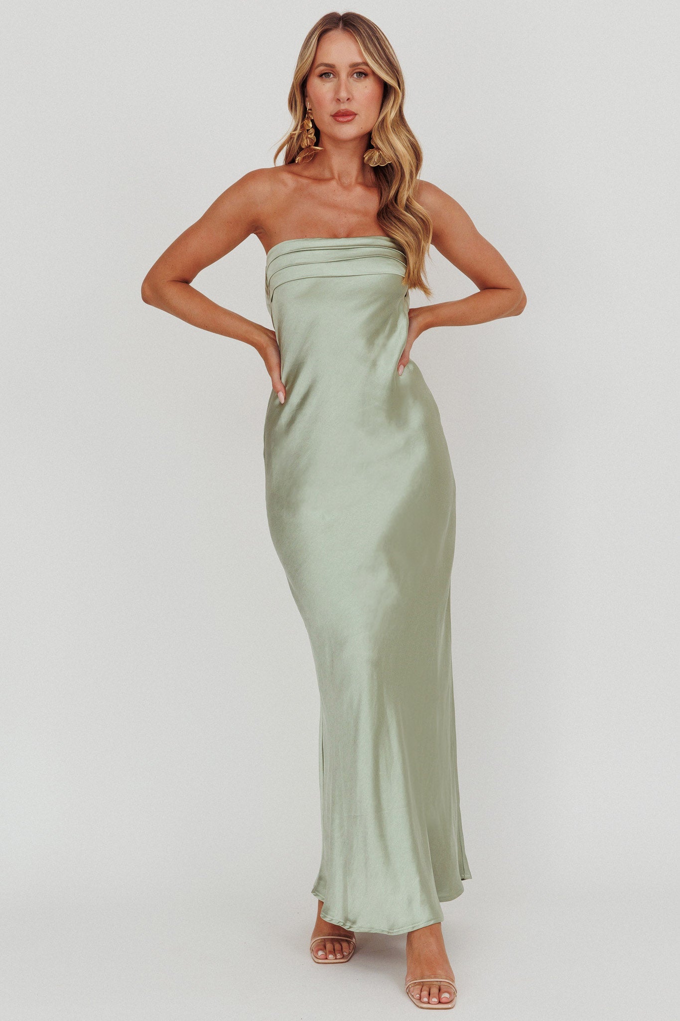 Kona Strapless Pleated Bust Satin Maxi Dress Sage-Maymioy