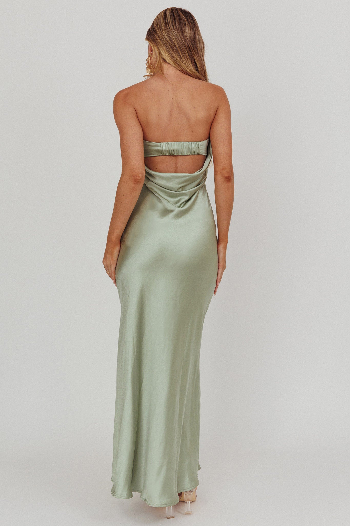 Kona Strapless Pleated Bust Satin Maxi Dress Sage-Maymioy
