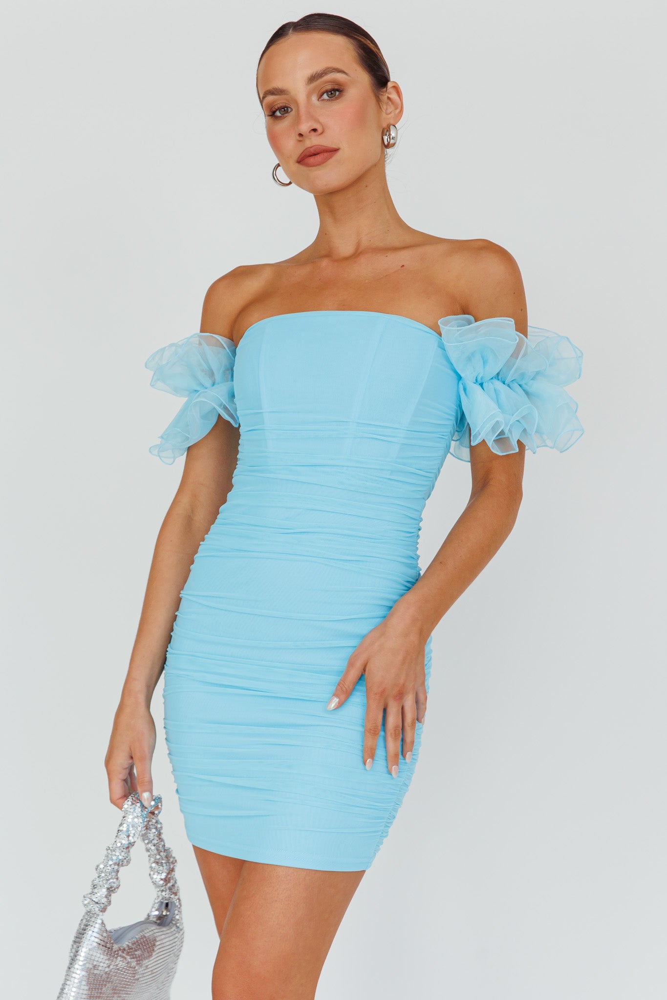 Star Dust Off-Shoulder Frill Sleeve Mini Dress Baby Blue-Maymioy