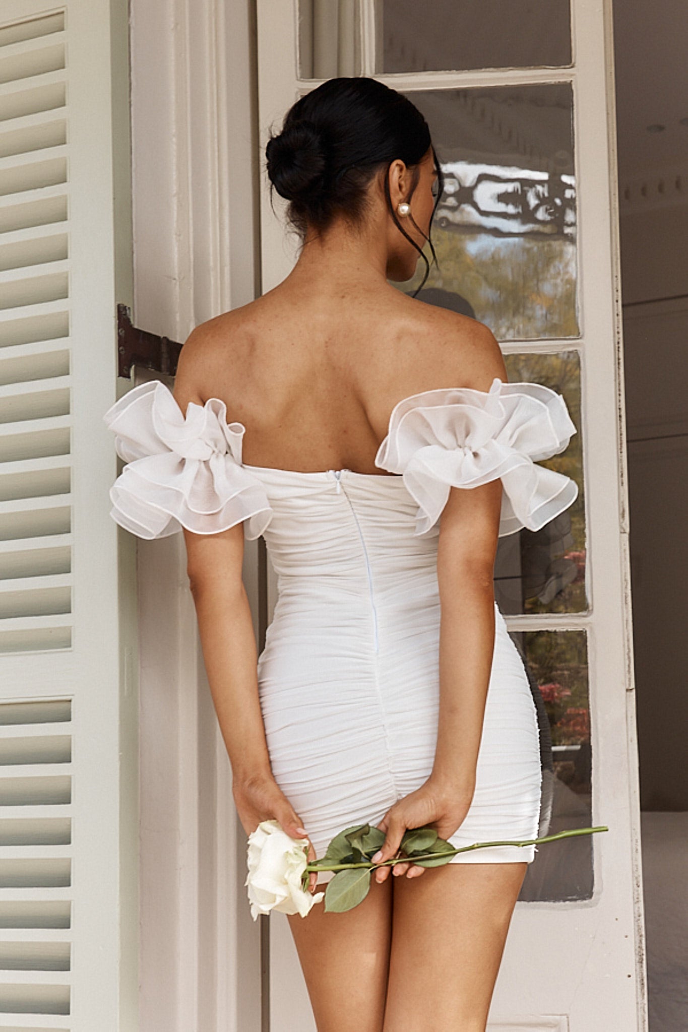 Star Dust Off-Shoulder Frill Sleeve Mini Dress White-Maymioy