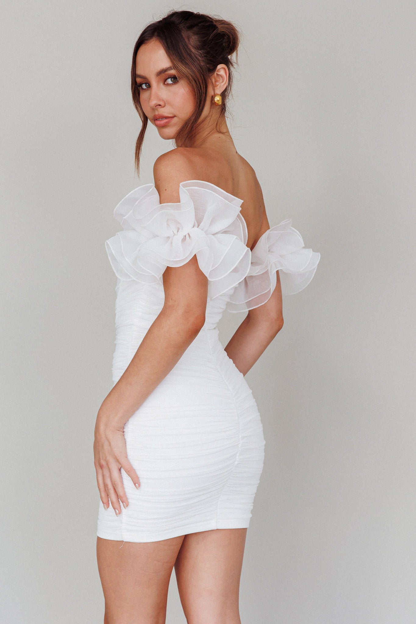 Star Dust Off-Shoulder Frill Sleeve Mini Dress White-Maymioy