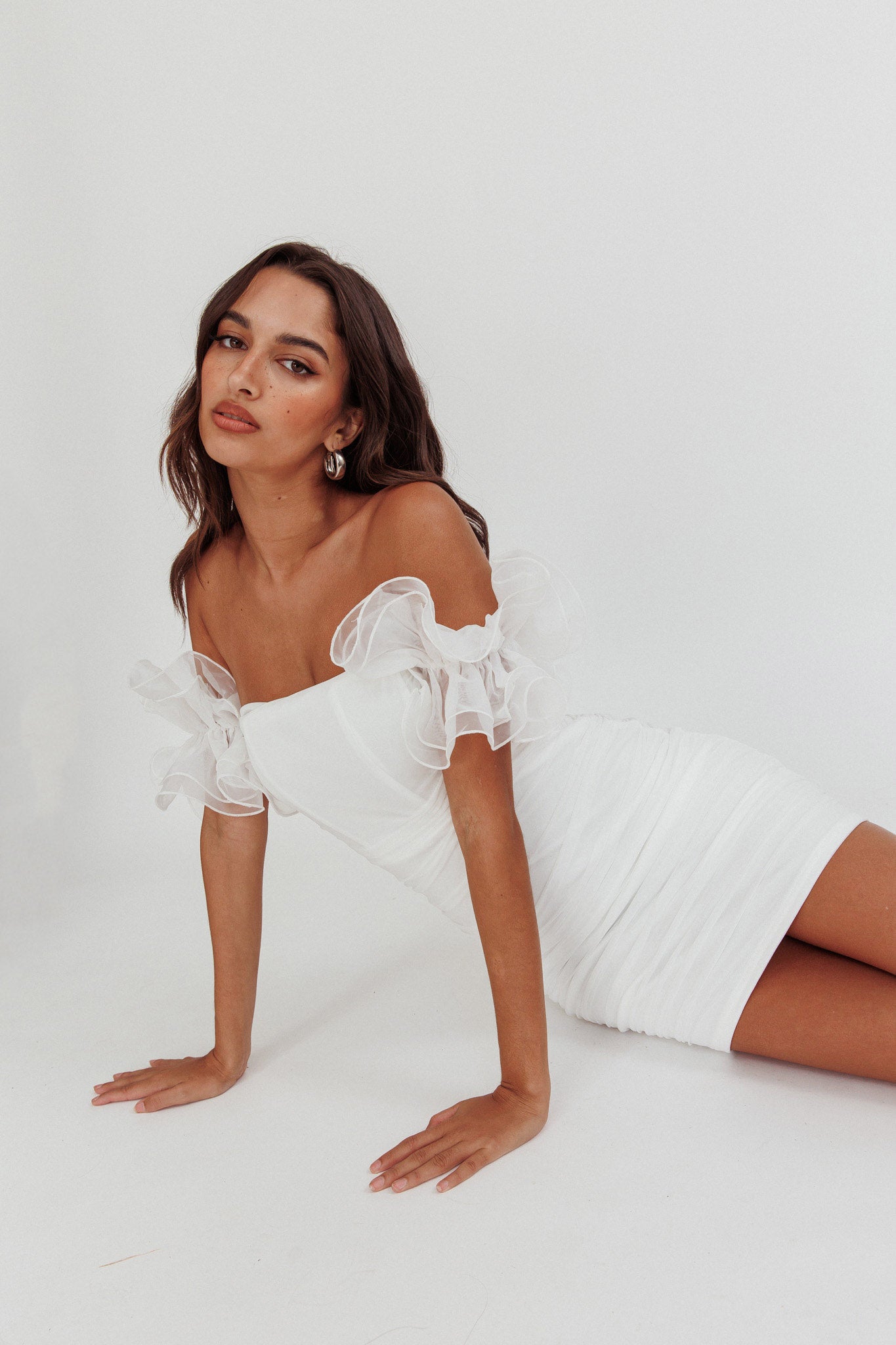 Star Dust Off-Shoulder Frill Sleeve Mini Dress White-Maymioy