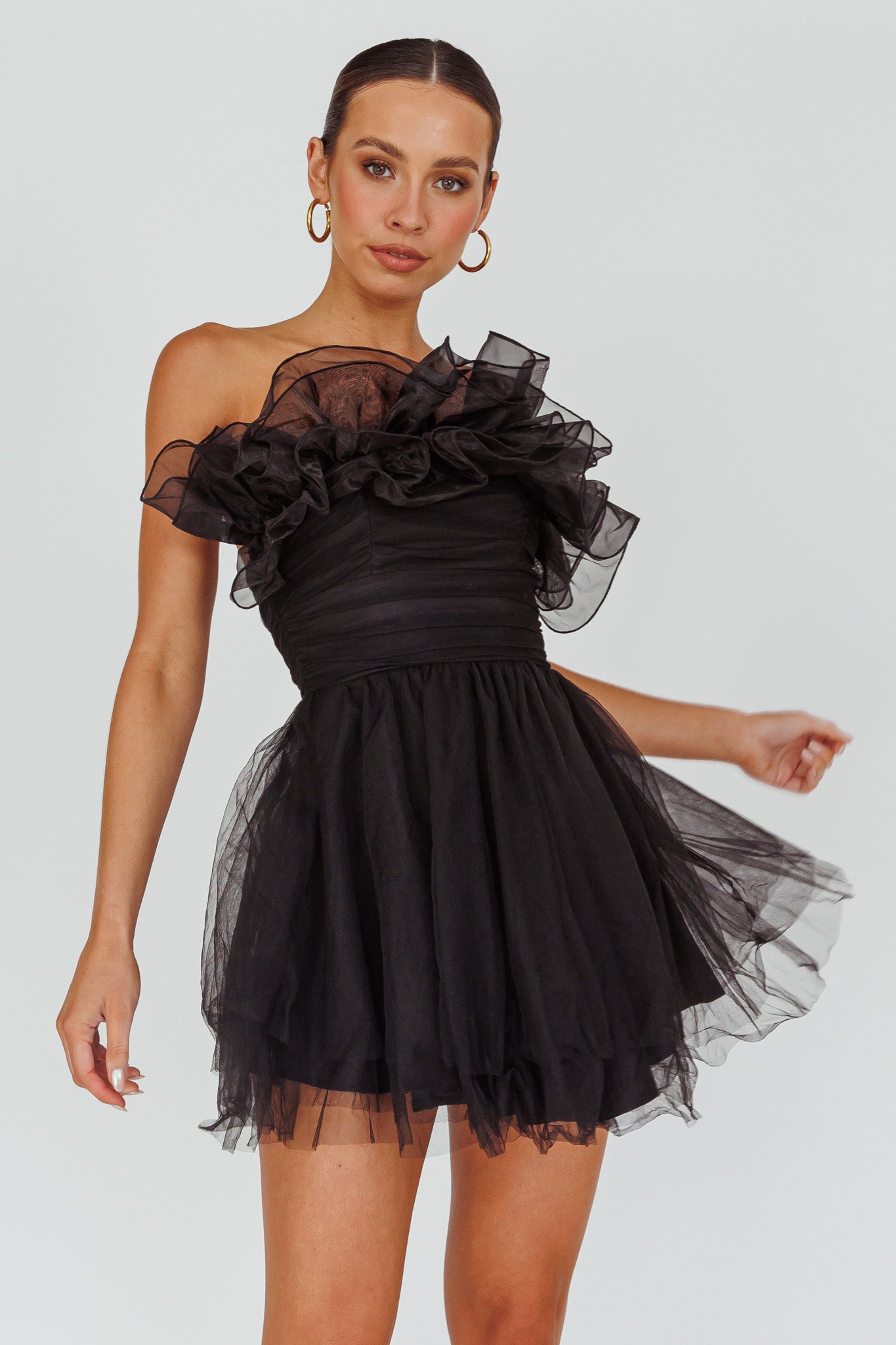 My Beloved Organza Frill Mini Dress Black-Maymioy