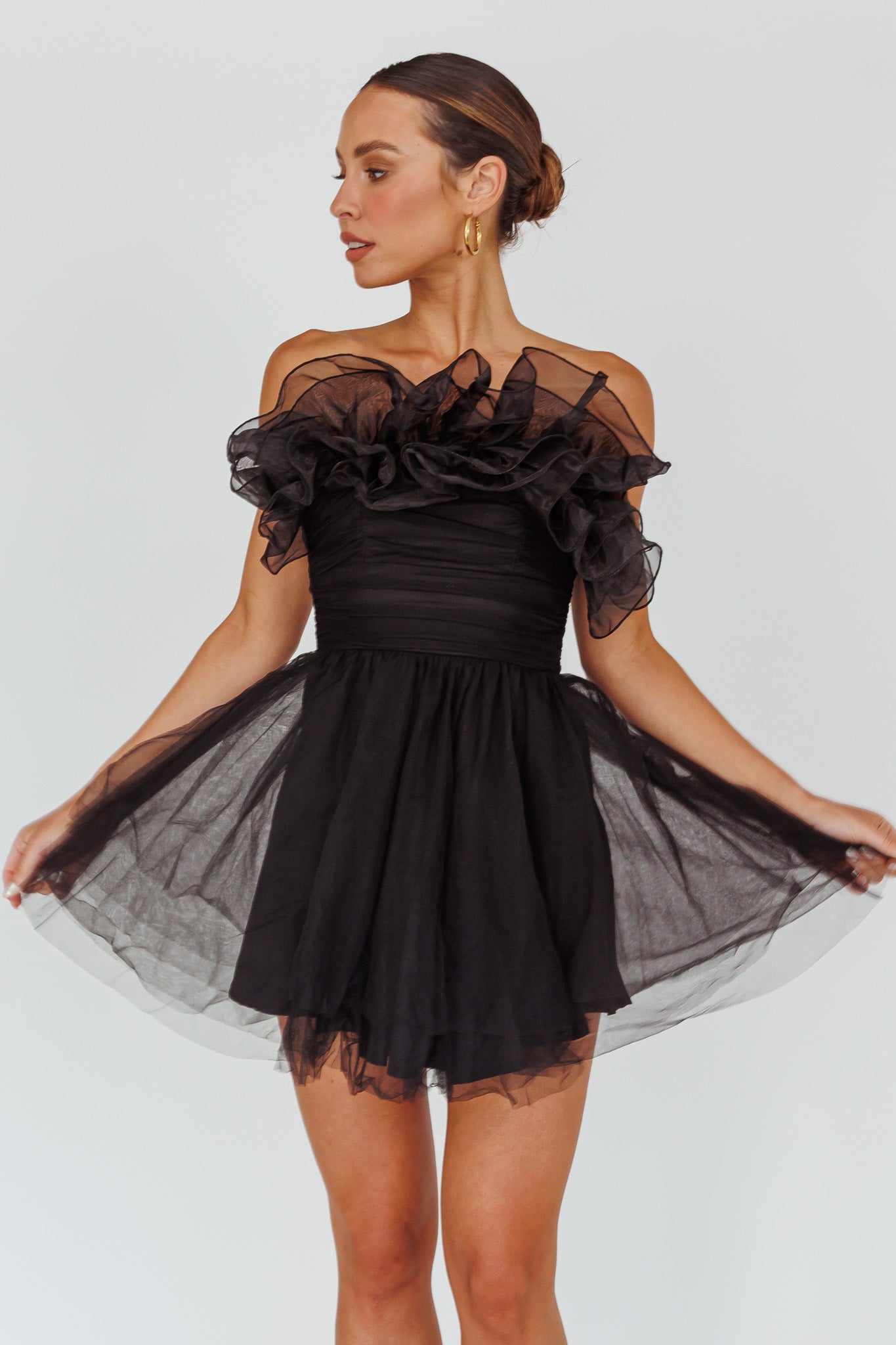 My Beloved Organza Frill Mini Dress Black-Maymioy