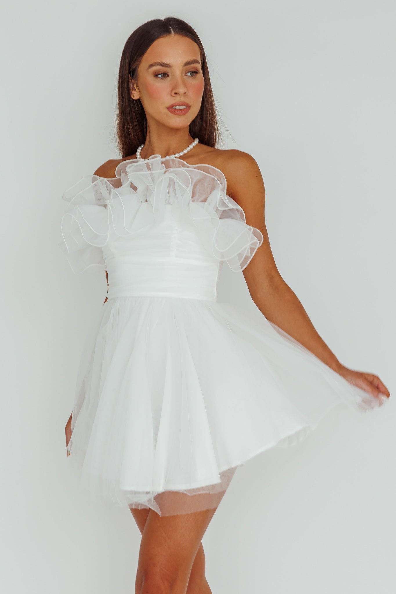 My Beloved Organza Frill Mini Dress White-Maymioy