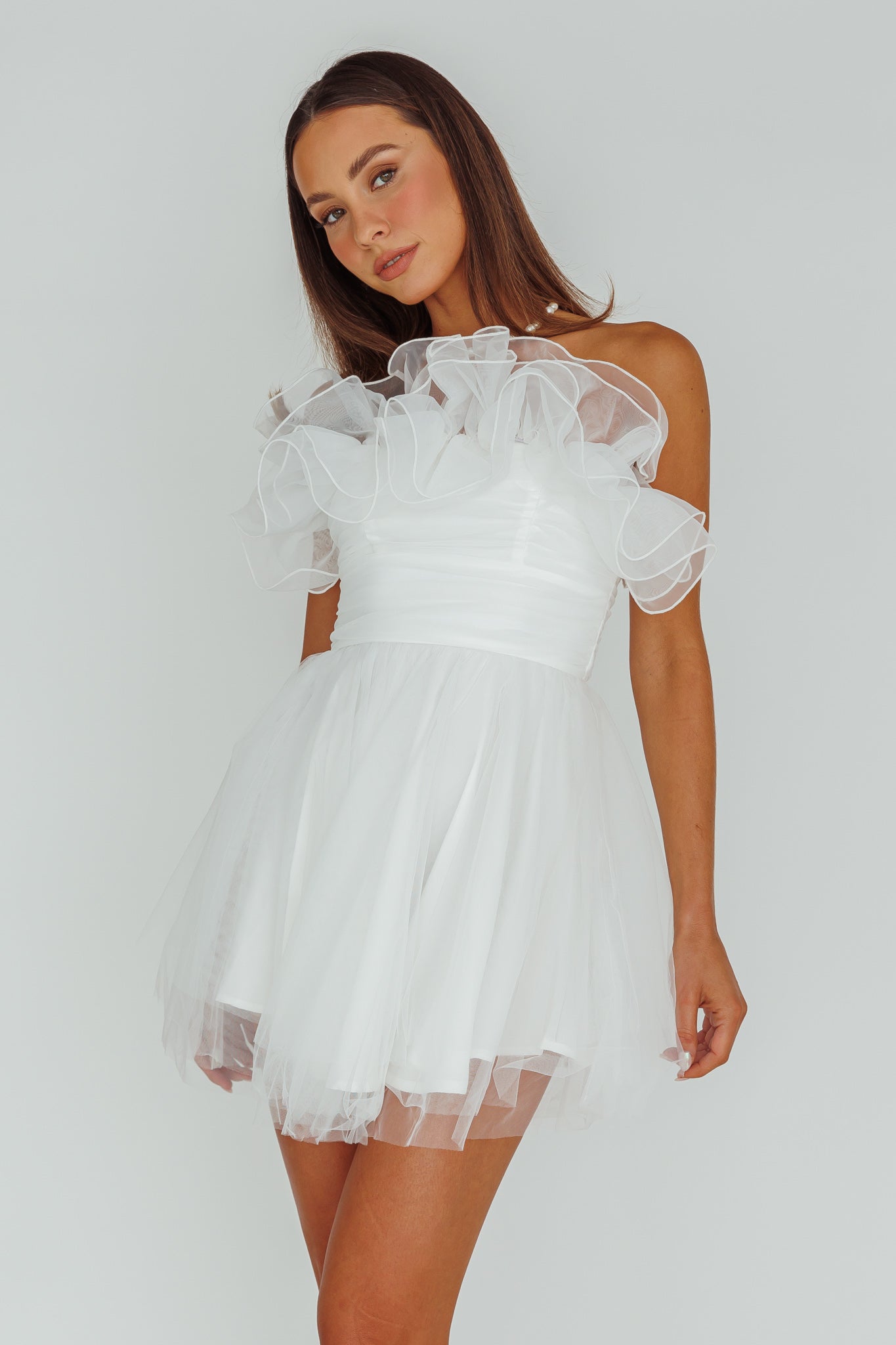 My Beloved Organza Frill Mini Dress White-Maymioy