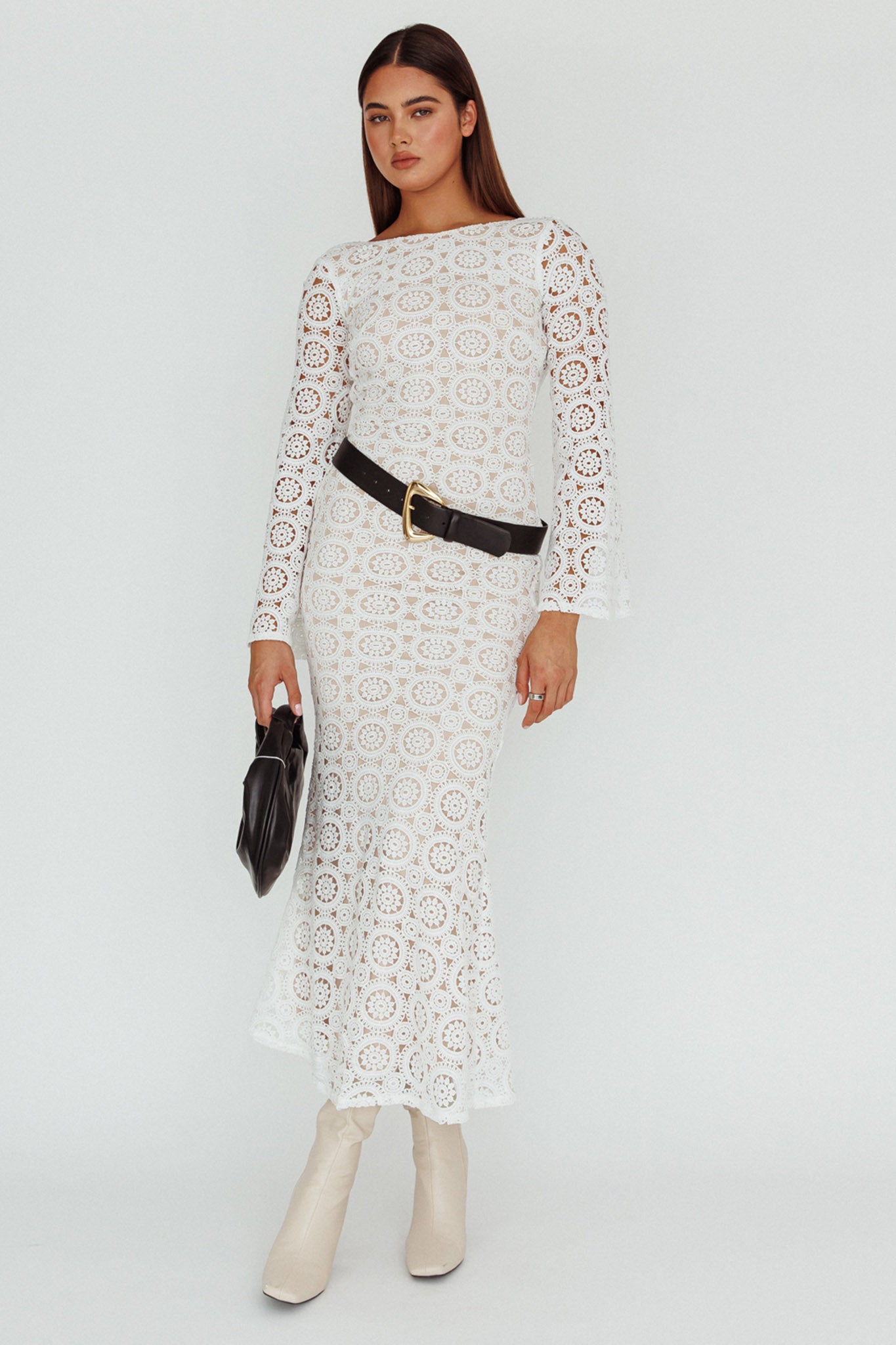 Kasia Long Sleeve Crochet Maxi Dress White-Maymioy