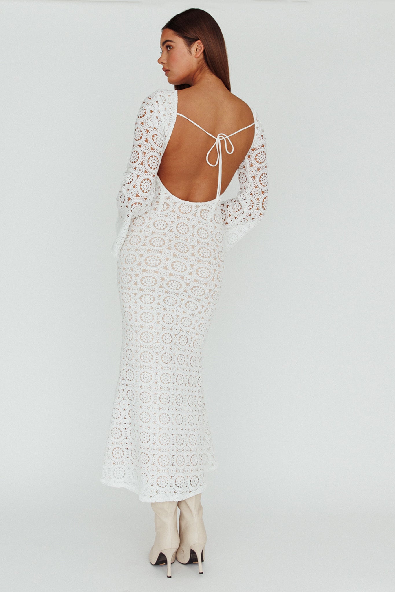 Kasia Long Sleeve Crochet Maxi Dress White-Maymioy