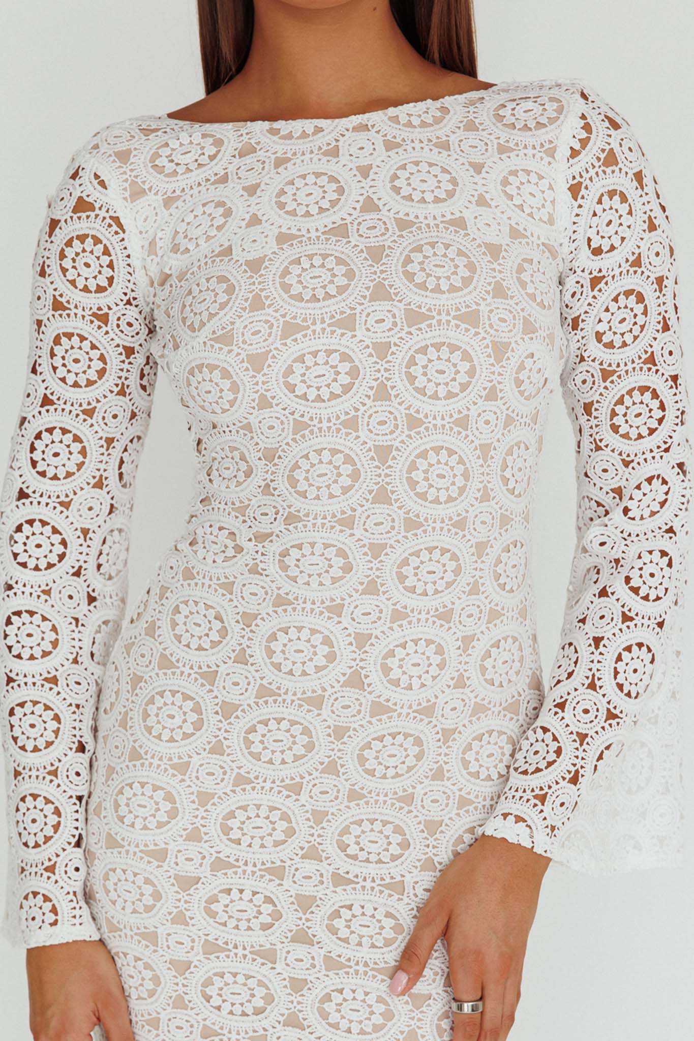 Kasia Long Sleeve Crochet Maxi Dress White-Maymioy