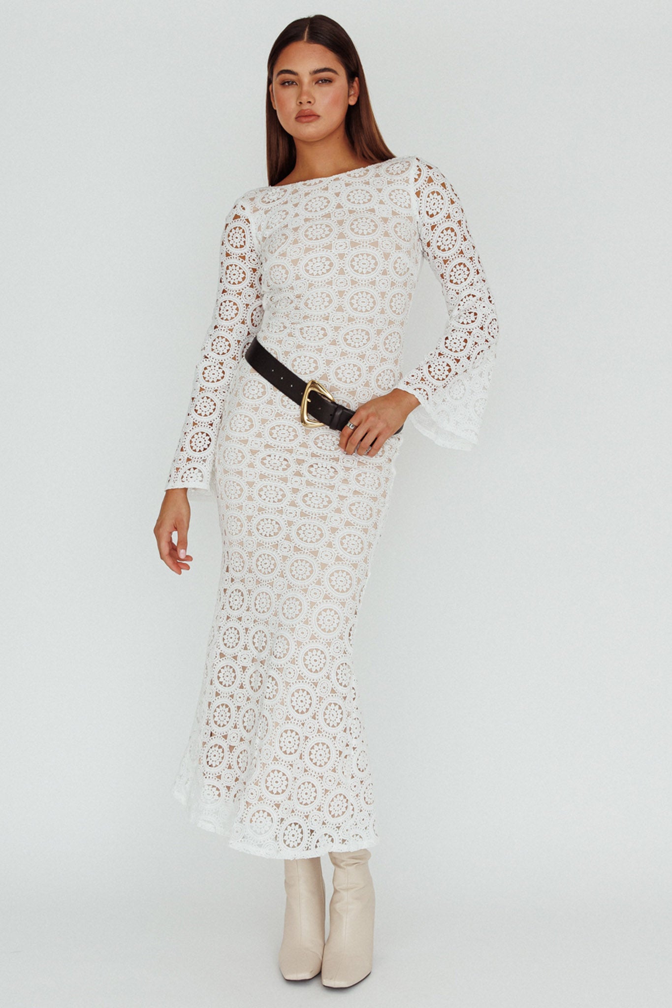 Kasia Long Sleeve Crochet Maxi Dress White-Maymioy