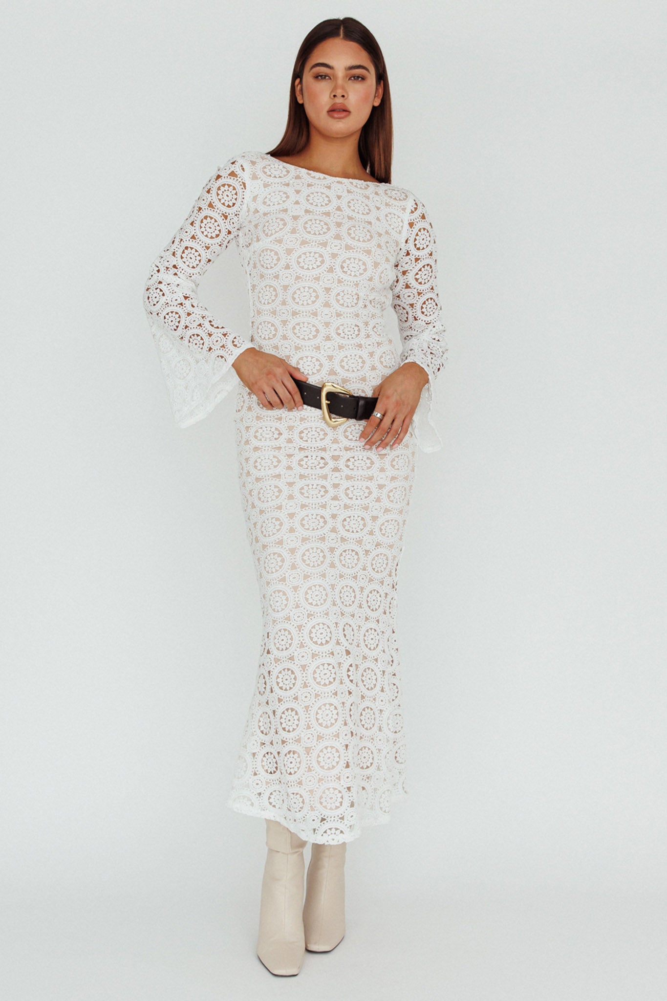 Kasia Long Sleeve Crochet Maxi Dress White-Maymioy
