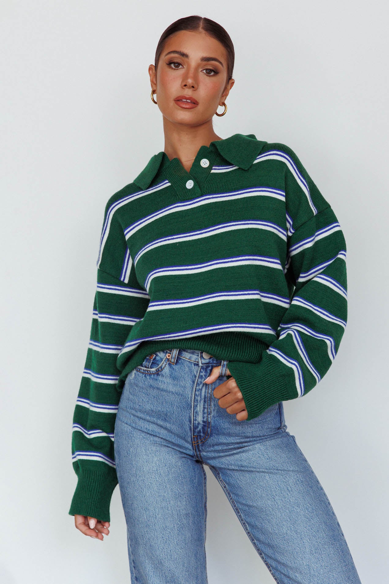 Boston Collared Knit Sweater Striped Forest Green-Maymioy