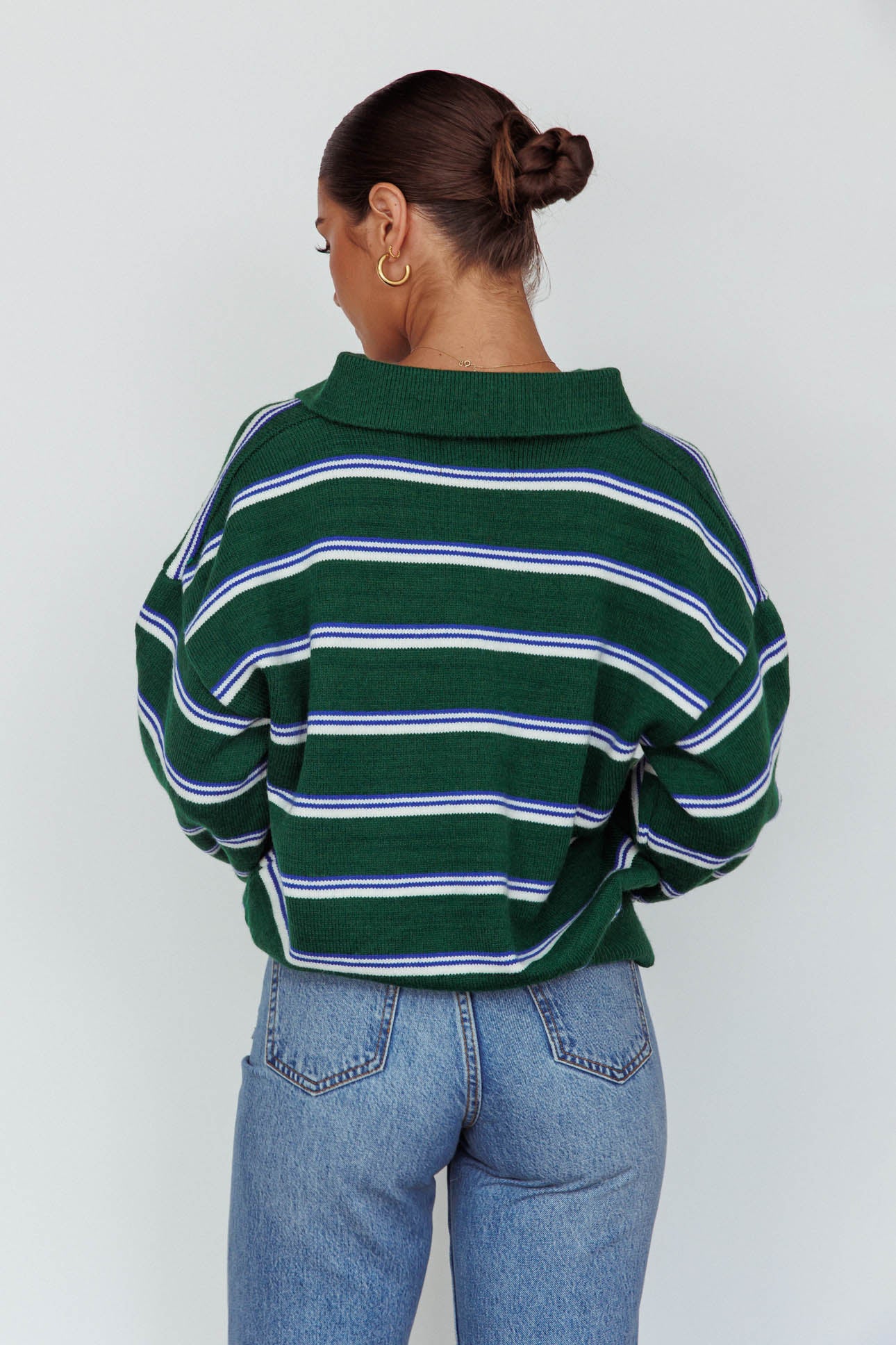 Boston Collared Knit Sweater Striped Forest Green-Maymioy