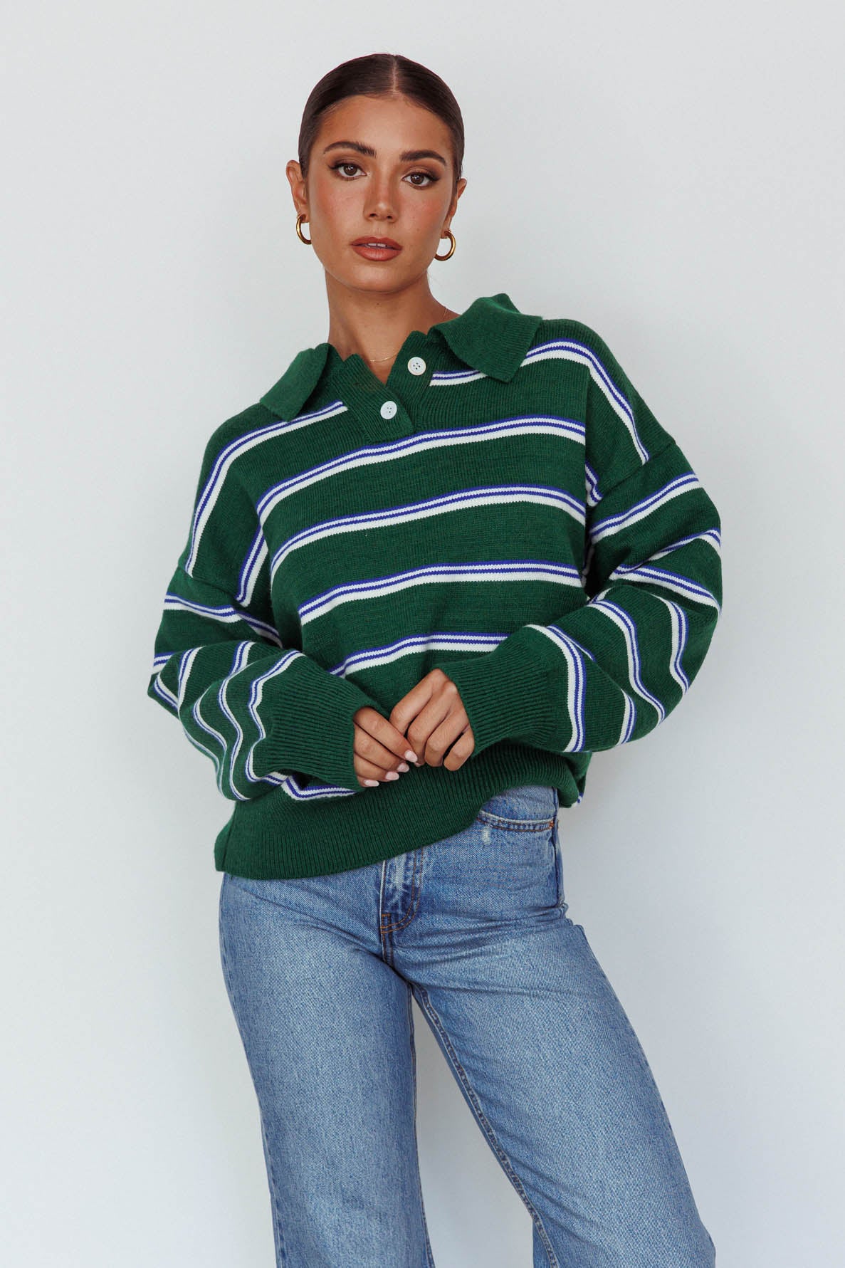 Boston Collared Knit Sweater Striped Forest Green-Maymioy