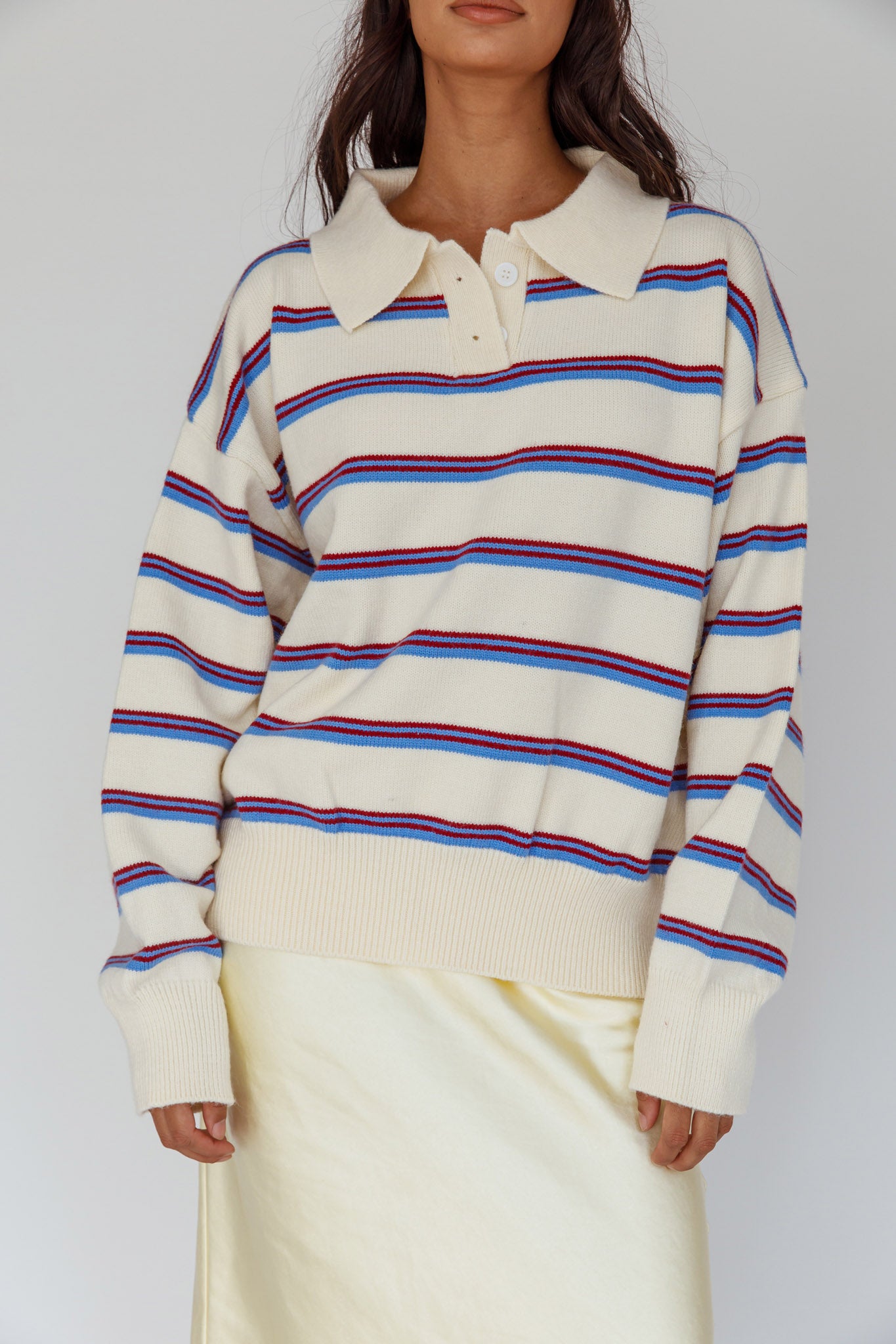 Boston Collared Knit Sweater Striped White-Maymioy