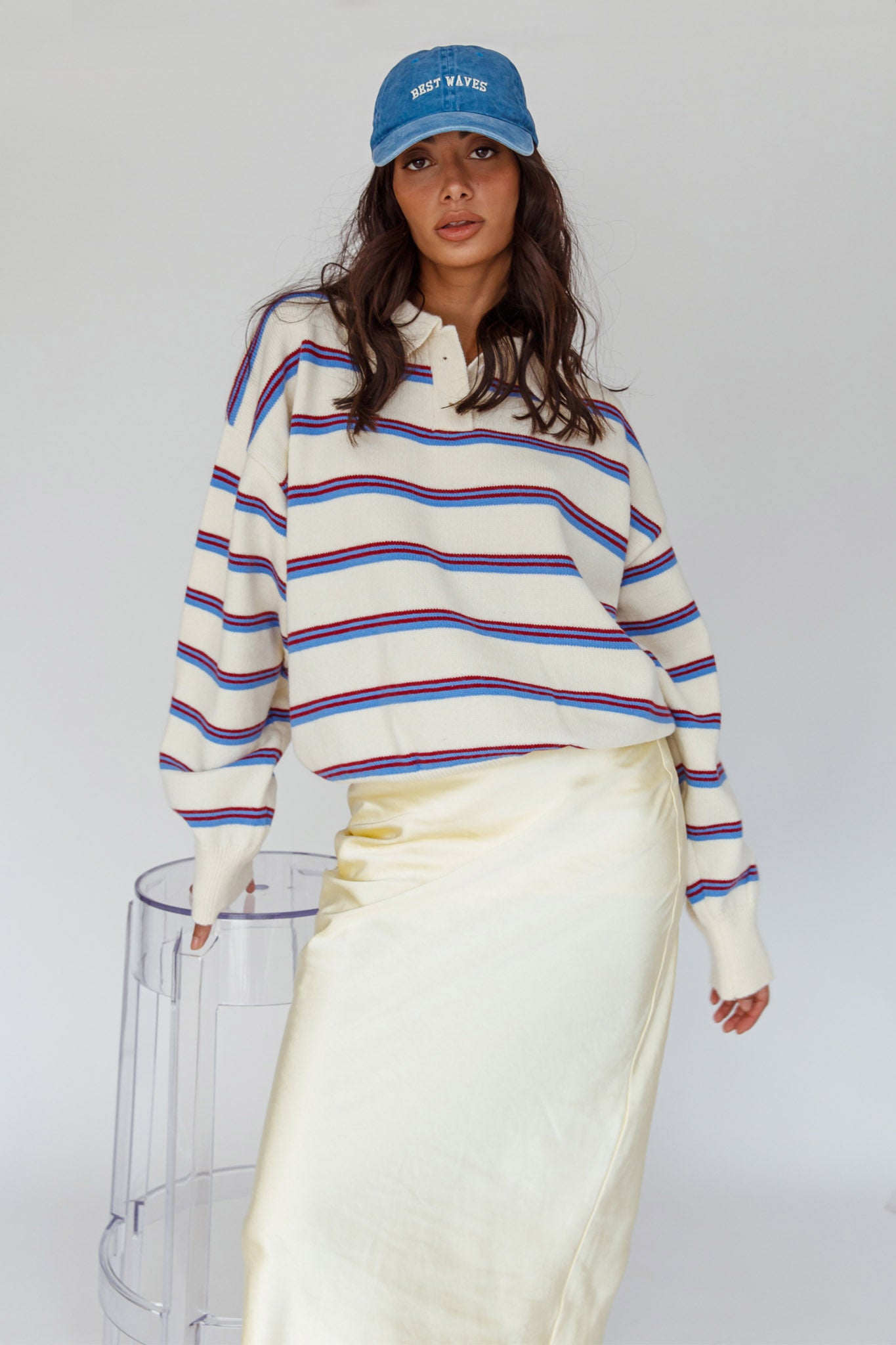 Boston Collared Knit Sweater Striped White-Maymioy