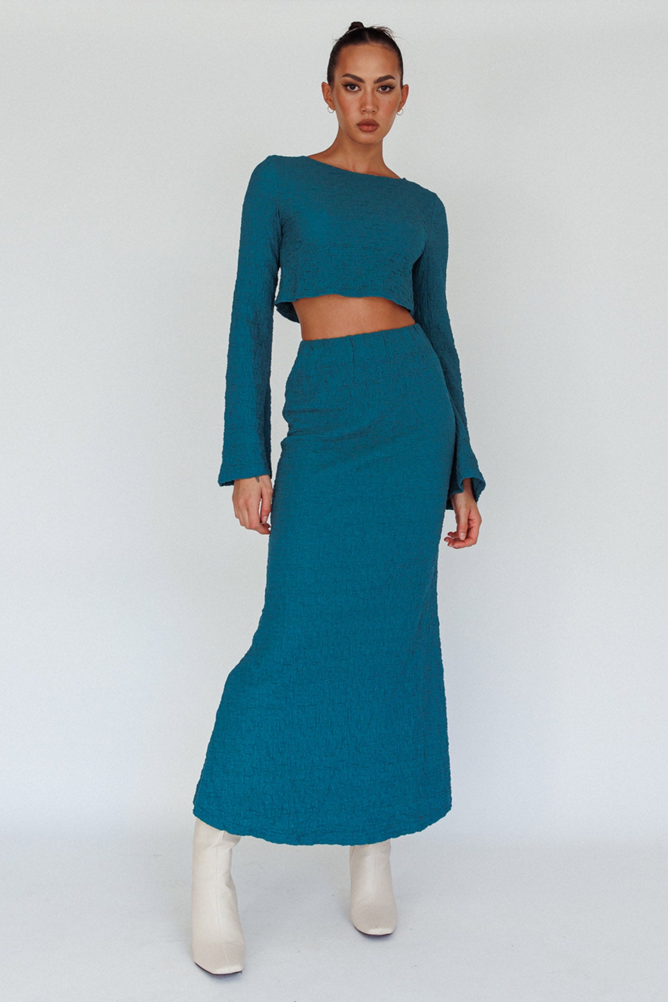 Treasures Flared Cuff Crop Top Teal-Maymioy