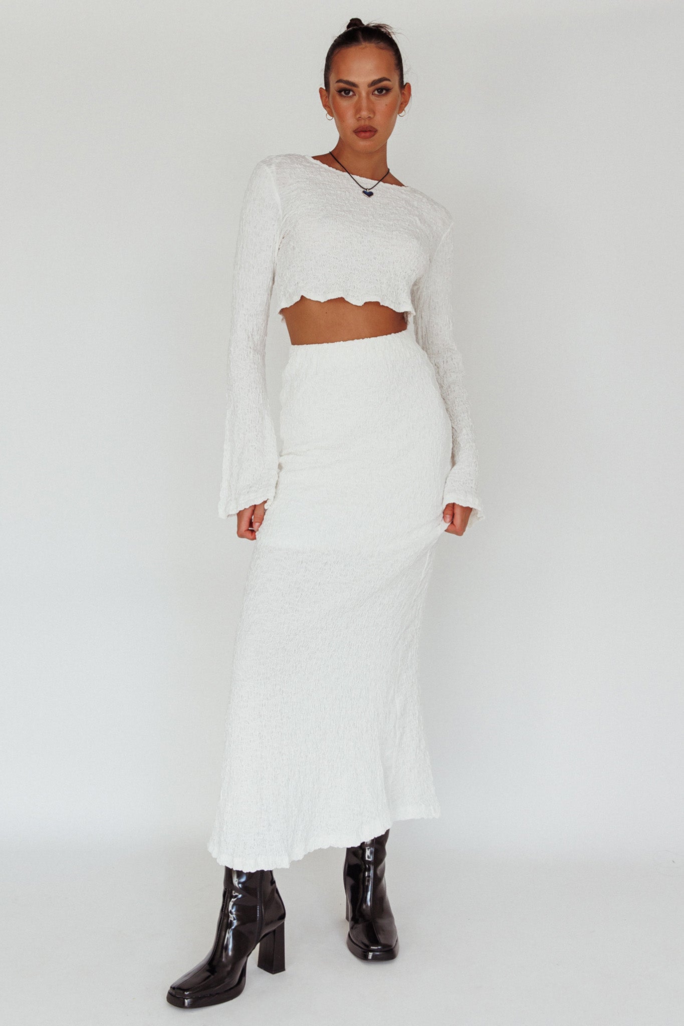 Treasures Textured Midi Skirt White-Maymioy