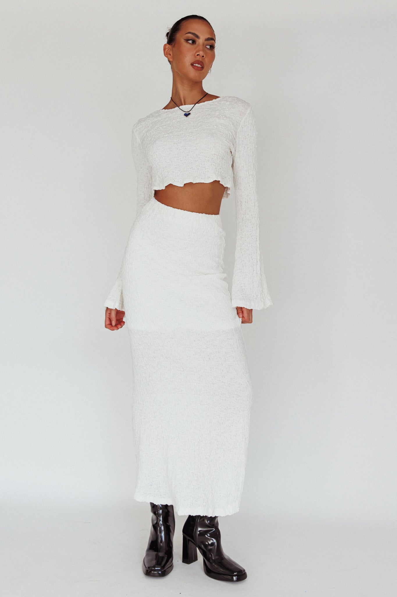 Treasures Textured Midi Skirt White-Maymioy