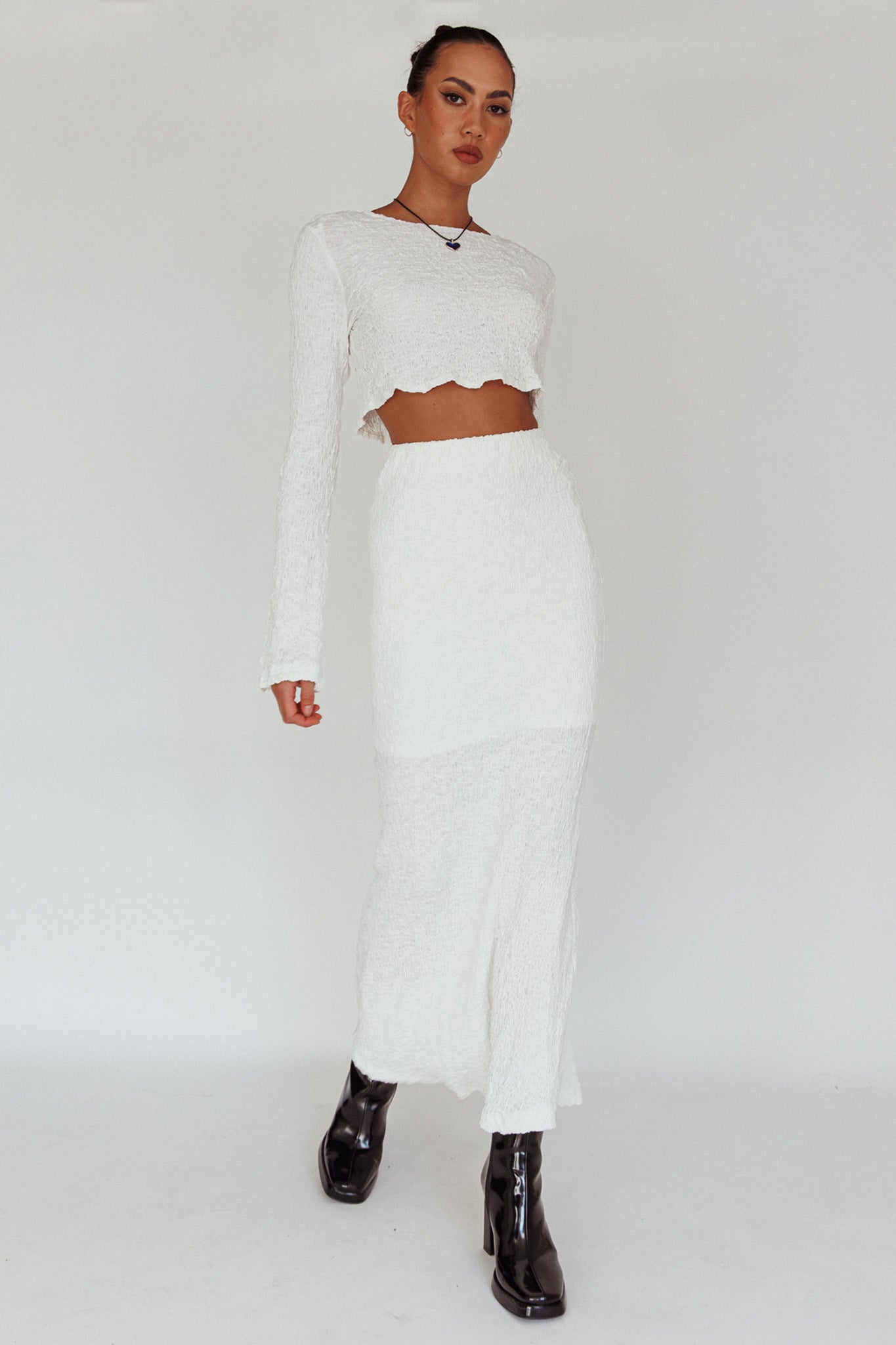 Treasures Textured Midi Skirt White-Maymioy