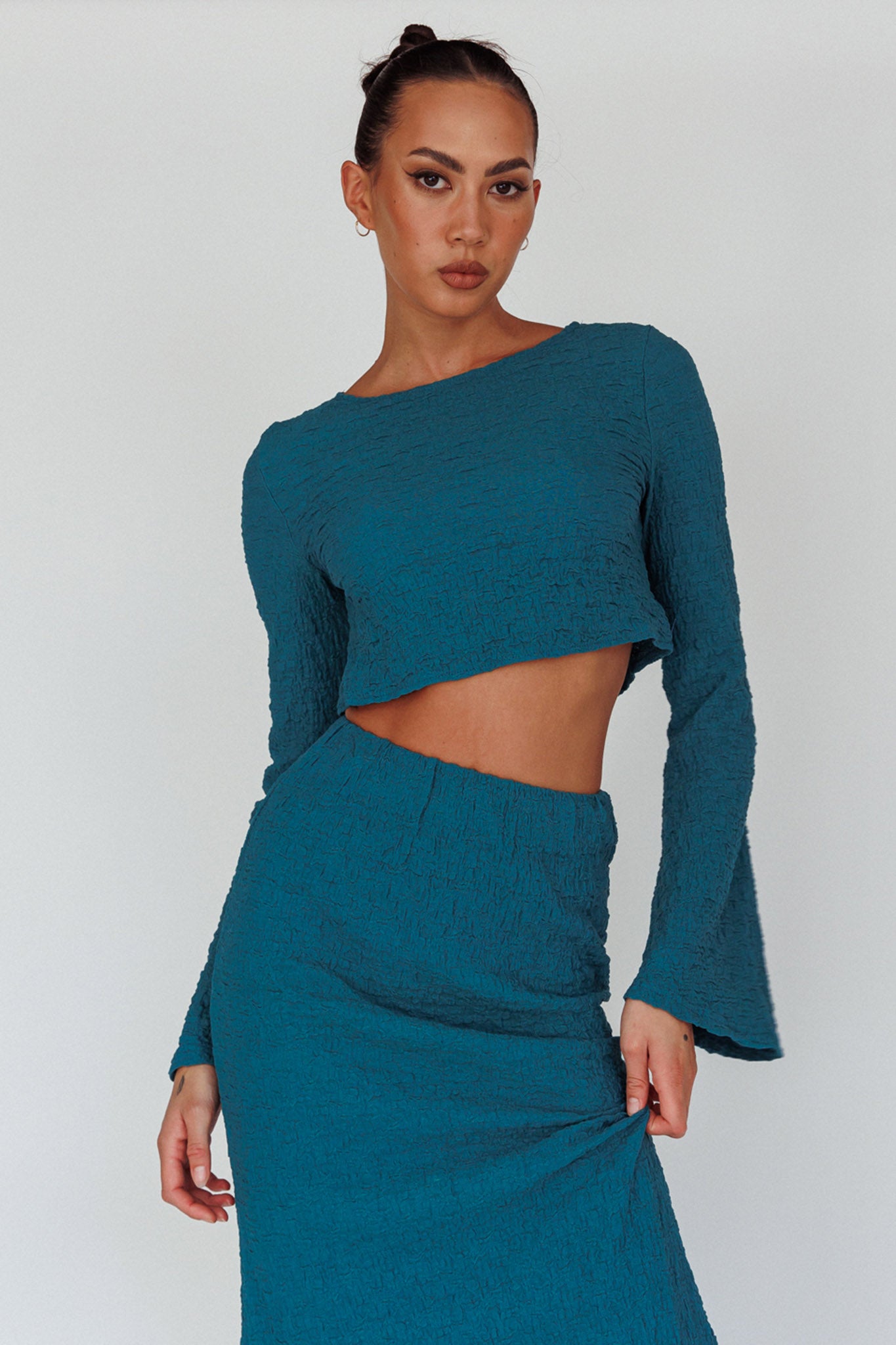 Treasures Flared Cuff Crop Top Teal-Maymioy