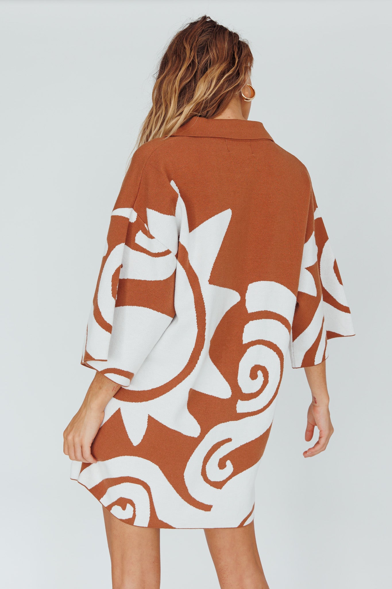 Nalani Button Up Knit Shirt Dress Chocolate/Beige-Maymioy