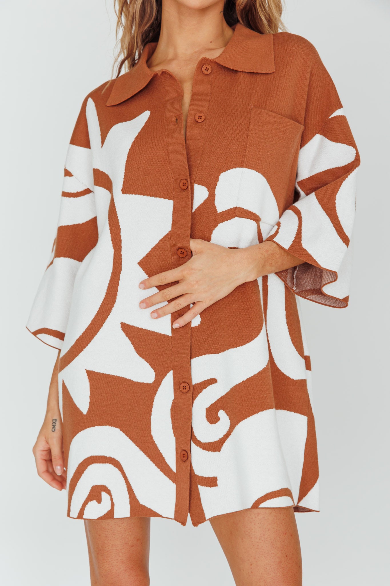 Nalani Button Up Knit Shirt Dress Chocolate/Beige-Maymioy