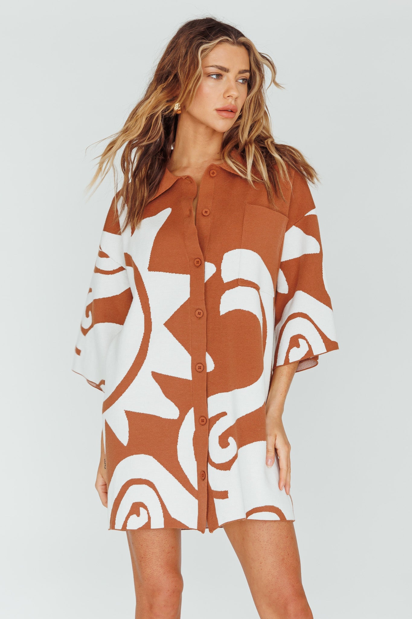 Nalani Button Up Knit Shirt Dress Chocolate/Beige-Maymioy